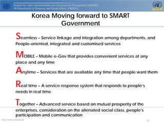 http://www.unpog.org 47 
Seamless –Service linkage and integration among departments, and People-oriented, integrated and customisedservices 
MOBILE –Mobile e-Gov that provides convenient services at any place and any timeAnytime –Services that are available any time that people want them 
Real time –A service response system that responds to people’s needs in real time 
Together –Advanced service based on mutual prosperity of the enterprises, consideration on the alienated social class, people’s participation and communication 
Korea Moving forward to SMART Government  