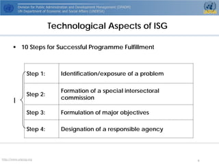 http://www.unpog.org 9 
Technological Aspects of ISG 
 
10 Steps forSuccessful Programme Fulfillment 
Step 1: 
Identification/exposure of a problem 
Step 2: 
Formation of a special intersectoralcommission 
Step 3: 
Formulation of major objectives 
Step 4: 
Designation of a responsible agency 
I  