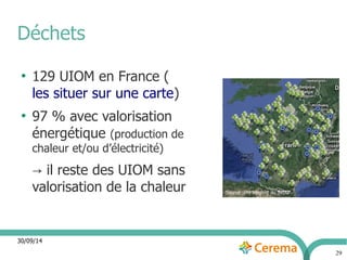 30/09/14 
29 
Déchets 
● 129 UIOM en France ( 
les situer sur une carte) 
● 97 % avec valorisation 
énergétique (production de 
chaleur et/ou d’électricité) 
→ il reste des UIOM sans 
valorisation de la chaleur Source :site internet du SVDU 
 