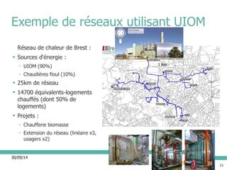 30/09/14 
31 
Exemple de réseaux utilisant UIOM 
Réseau de chaleur de Brest : 
● Sources d'énergie : 
– UIOM (90%) 
– Chaudières fioul (10%) 
● 25km de réseau 
● 14700 équivalents-logements 
chauffés (dont 50% de 
logements) 
● Projets : 
– Chaufferie biomasse 
– Extension du réseau (linéaire x3, 
usagers x2) 
1 km 
 