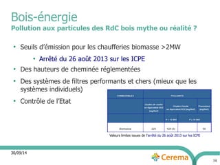Bois-énergie 
Pollution aux particules des RdC bois mythe ou réalité ? 
30/09/14 
34 
● Seuils d’émission pour les chaufferies biomasse >2MW 
● Arrêté du 26 août 2013 sur les ICPE 
● Des hauteurs de cheminée réglementées 
● Des systèmes de filtres performants et chers (mieux que les 
systèmes individuels) 
● Contrôle de l’Etat 
Valeurs limites issues de l’arrêté du 26 août 2013 sur les ICPE 
 