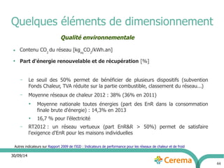 30/09/14 
44 
Quelques éléments de dimensionnement 
Qualité environnementale 
● Contenu CO2 du réseau [kgeqCO2/kWh.an] 
● Part d'énergie renouvelable et de récupération [%] 
– Le seuil des 50% permet de bénéficier de plusieurs dispositifs (subvention 
Fonds Chaleur, TVA réduite sur la partie combustible, classement du réseau...) 
– Moyenne réseaux de chaleur 2012 : 38% (36% en 2011) 
● Moyenne nationale toutes énergies (part des EnR dans la consommation 
finale brute d'énergie) : 14,3% en 2013 
● 16,7 % pour l’électricité 
– RT2012 : un réseau vertueux (part EnR&R > 50%) permet de satisfaire 
l'exigence d'EnR pour les maisons individuelles 
Autres indicateurs sur Rapport 2009 de l’IGD : Indicateurs de performance pour les réseaux de chaleur et de froid 
 