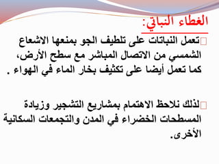 الغطاء النباتي: 
تعمل النباتات على تلطيف الجو بمنعها الاشعاع 
الشمسي من الاتصال المباشر مع سطح الأرض، 
كما تعمل أيضا على تكثيف بخار الماء في الهواء . 
لذلك نلاحظ الاهتمام بمشاريع التشجير وزيادة 
المسطحات الخضراء في المدن والتجمعات السكانية 
الأخرى. 
 