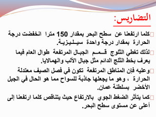 التضاريس: 
كلما ارتفعنا عن سطح البحر بمقدار 150 مترا انخفضت درجة 
الحرارة بمقدار درجة واحدة سيــلـيـزيـة. 
لذلك تغطي الثلوج قـــمــم الجبـال المرتفعة طوال العام فيما 
يعرف بخط الثلج الدائم مثل جبال الألب والهمالايا. 
وعليه فإن المناطق المرتفعة تكون في فصل الصيف معتدلة 
الحرارة ، وهو ما يجعلها جاذبة للسواح مما هو الحال في الجبل 
الأخضر بسلطنة عمان. 
كما يتأثر الضغط الجوي بالارتفاع حيث يتناقص كلما ارتفعنا إلى 
أعلى عن مستوى سطح البحر. 
 