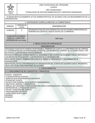 Modelo de 
Mejora 
LÍNEA TECNOLÓGICA DEL PROGRAMA 
CLIENTE 
RED TECNOLÓGICA 
TECNOLOGÍAS DE GESTIÓN ADMINISTRATIVA Y SERVICIOS FINANCIEROS 
- ELABORA METICULOSAMENTE ACTOS ADMINISTRATIVOS, DE ACUERDO CON LOS REQUERIMIENTOS DE LA 
ORGANIZACIÓN 
1. CONTENIDOS CURRICULARES DE LA COMPETENCIA 
CÓDIGO: DENOMINACIÓN 
21060100 
VERSIÓN DE 
LA NCL 
2 
ORGANIZAR EVENTOS QUE PROMUEVAN LAS RELACIONES EMPRESARIALES, 
TENIENDO EN CUENTA EL OBJETO SOCIAL DE LA EMPRESA. 
2. RESULTADOS DE APRENDIZAJE 
DURACIÓN ESTIMADA 
PARA EL LOGRO DEL 
APRENDIZAJE (en horas) 
250 horas 
DENOMINACIÓN 
ORGANIZAR EVENTOS DE MANERA RESPONSABLE, TENIENDO EN CUENTA LA CONFORMACIÓN DE COMITÉS, 
LA COORDINACIÓN DE LAS RESPONSABILIDADES DE LOS DIFERENTES COMITÉS, DE ACUERDO CON EL TIPO 
DE EVENTO Y LAS POLÍTICAS INSTITUCIONALES. 
APLICAR EL PROCESO ADMINISTRATIVO AL DESARROLLO DEL EVENTO, DE ACUERDO CON EL PROTOCOLO, 
LOS MEDIOS DE DIVULGACIÓN Y LAS POLÍTICAS DE LA ORGANIZACIÓN 
DIVULGAR EL EVENTO TENIENDO EN CUENTA EL MEDIO, EL PROTOCOLO Y LAS NORMAS DE LA 
ORGANIZACIÓN. 
IDENTIFICAR LAS NO CONFORMIDADES EN ORGANIZACIÓN DEL EVENTO DE ACUERDO CON EL PROPÓSITO, 
OBJETIVO Y PLAN, PARA PROPONER SOLUCIONES. 
3. CONOCIMIENTOS 
3.1. CONOCIMIENTOS DE CONCEPTOS Y PRINCIPIOS 
EVENTO. CONCEPTO 
-CLASIFICACIÓN DE EVENTOS 
-AGENTES QUE INTERVIENEN EN UN EVENTO. 
-ETAPAS DEL EVENTO 
-ESTRUCTURA GENERAL DE UN EVENTO (ORGANIGRAMA). 
-OBJETIVOS: GENERAL Y ESPECÍFICOS 
-MANUAL DE FUNCIONES Y PROCEDIMIENTOS PARA LA ORGANIZACIÓN Y REALIZACIÓN DEL EVENTO 
-DEFINICIÓN DE LA POBLACIÓN OBJETO 
-FECHA Y DURACIÓN DEL EVENTO. 
-PROCESADORES DE TEXTO 
-CARACTERÍSTICAS Y USOS 
INTERNET 
INTRANET 
20/09/13 04:18 PM Página 10 de 79 
 