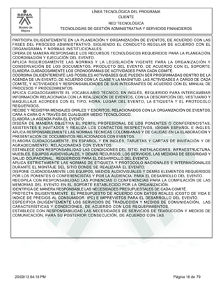 Modelo de 
Mejora 
LÍNEA TECNOLÓGICA DEL PROGRAMA 
CLIENTE 
RED TECNOLÓGICA 
TECNOLOGÍAS DE GESTIÓN ADMINISTRATIVA Y SERVICIOS FINANCIEROS 
PARTICIPA DILIGENTEMENTE EN LA PLANEACIÓN Y ORGANIZACIÓN DE EVENTOS, DE ACUERDO CON LAS 
FASES DEL PROCESO ADMINISTRATIVO, SIGUIENDO EL CONDUCTO REGULAR DE ACUERDO CON EL 
ORGANIGRAMA Y NORMAS INSTITUCIONALES. 
OPERA DE MANERA RESPONSABLE LOS RECURSOS TECNOLÓGICOS REQUERIDOS PARA LA PLANEACIÓN, 
COORDINACIÓN Y EJECUCIÓN DEL EVENTO. 
APLICA RIGUROSAMENTE LAS NORMAS Y LA LEGISLACIÓN VIGENTE PARA LA ORGANIZACIÓN Y 
CONSERVACIÓN DE LOS DOCUMENTOS, PRODUCTO DEL EVENTO, DE ACUERDO CON EL SOPORTE. 
ELABORA CUIDADOSAMENTE LOS CRONOGRAMAS DE ACTIVIDADES PARA CADA COMITÉ. 
COORDINA DILIGENTEMENTE LAS POSIBLES ACTIVIDADES QUE PUEDEN SER PROGRAMADAS DENTRO DE LA 
AGENDA DE UN EVENTO, DE ACUERDO CON LA CLASE Y LA MAGNITUD; LAS ACTIVIDADES A CARGO DE CADA 
COMITÉ, Y ACTIVIDADES Y RESPONSABILIDADES DE SUS INTEGRANTES DE ACUERDO CON EL MANUAL DE 
PROCESOS Y PROCEDIMIENTOS. 
APLICA CUIDADOSAMENTE EL VOCABULARIO TÉCNICO, EN INGLÉS, REQUERIDO PARA INTERCAMBIAR 
INFORMACIÓN RELACIONADA CON LA REALIZACIÓN DE EVENTOS, CON LA DESCRIPCIÓN DEL VESTUARIO Y 
MAQUILLAJE ACORDES CON EL TIPO, HORA, LUGAR DEL EVENTO, LA ETIQUETA Y EL PROTOCOLO 
REQUERIDOS. 
RECIBE Y REGISTRA MENSAJES ORALES Y ESCRITOS, RELACIONADOS CON LA ORGANIZACIÓN DE EVENTOS, 
CARA A CARA O A TRAVÉS DE CUALQUIER MEDIO TECNOLÓGICO. 
ELABORA LA AGENDA PARA EL EVENTO 
DISEÑA DE MANERA OBJETIVA EL PERFIL PROFESIONAL DE LOS PONENTES O CONFERENCISTAS, 
ASISTENTES E INVITADOS Y REALIZA LOS CONTACTOS RESPECTIVOS, IDIOMA ESPAÑOL E INGLES. 
APLICA RESPONSABLEMENTE LAS NORMAS TÉCNICAS COLOMBIANAS Y DE CALIDAD EN LA ELABORACIÓN Y 
PRESENTACIÓN DE DOCUMENTOS RELACIONADOS CON EVENTOS. 
ELABORA CUIDADOSAMENTE, EN ESPAÑOL Y EN INGLÉS, TARJETAS Y CARTAS DE INVITACIÓN Y DE 
AGRADECIMIENTO, RELACIONADAS CON EVENTOS. 
ESTABLECE CON RESPONSABILIDAD LAS CONDICIONES DEL SITIO: INSTALACIONES, INFRAESTRUCTURA, 
MUEBLES, EQUIPOS AUDIOVISUALES, Y DEMÁS RECURSOS; LOS SERVICIOS, LAS MEDIDAS DE SEGURIDAD Y 
SALUD OCUPACIONAL, REQUERIDOS PARA EL DESARROLLO DEL EVENTO. 
APLICA ESTRICTAMENTE LAS NORMAS DE ETIQUETA Y PROTOCOLO NACIONALES E INTERNACIONALES 
DURANTE EL MONTAJE DEL SITIO DONDE SE REALIZARÁ EL EVENTO. 
DISPONE CUIDADOSAMENTE LOS EQUIPOS, MEDIOS AUDIOVISUALES Y DEMÁS ELEMENTOS REQUERIDOS 
POR LOS PONENTES O CONFERENCISTAS Y POR LA AUDIENCIA, PARA EL DESARROLLO DEL EVENTO. 
RECOPILA CON RESPONSABILIDAD LAS PONENCIAS O CONFERENCIAS PARA LA COMPILACIÓN DE LAS 
MEMORIAS DEL EVENTO EN EL SOPORTE ESTABLECIDO POR LA ORGANIZACIÓN. 
IDENTIFICA DE MANERA RESPONSABLE LAS NECESIDADES PRESUPUESTALES DE CADA COMITÉ. 
PROYECTA DILIGENTEMENTE EL PRESUPUESTO DE ACUERDO CON DATOS REALES (COSTO DE VIDA E 
ÍNDICE DE PRECIOS AL CONSUMIDOR IPC) E IMPREVISTOS PARA EL DESARROLLO DEL EVENTO. 
ESPECIFICA DILIGENTEMENTE LOS SERVICIOS DE TRADUCCIÓN Y MEDIOS DE COMUNICACIÓN, LAS 
CARACTERÍSTICAS Y CONDICIONES, DE ACUERDO CON LOS REQUERIMIENTOS. 
ESTABLECE CON RESPONSABILIDAD LAS NECESIDADES DE SERVICIOS DE TRADUCCIÓN Y MEDIOS DE 
COMUNICACIÓN, PARA SU POSTERIOR CONSECUCIÓN, DE ACUERDO CON LAS 
20/09/13 04:18 PM Página 18 de 79 
 