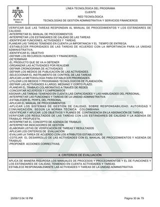 Modelo de 
Mejora 
LÍNEA TECNOLÓGICA DEL PROGRAMA 
CLIENTE 
RED TECNOLÓGICA 
TECNOLOGÍAS DE GESTIÓN ADMINISTRATIVA Y SERVICIOS FINANCIEROS 
VERIFICAR QUE LAS TAREAS RESPONDAN AL MANUAL DE PROCEDIMIENTOS Y LOS ESTÁNDARES DE 
CALIDAD. 
-INTERPRETAR EL MANUAL DE PROCEDIMIENTOS 
-INTERPRETAR LOS ESTÁNDARES DE CALIDAD DE LAS TAREAS 
-IDENTIFICAR FUNCIONES, ACTIVIDADES Y TAREAS. 
PLANEAR LAS TAREAS TENIENDO EN CUENTA LA IMPORTANCIA Y EL TIEMPO DE ENTREGA. 
-ESTABLECER PRIORIDADES DE LAS TAREAS DE ACUERDO CON LA IMPORTANCIA PARA LA UNIDAD 
ADMINISTRATIVA. 
-IDENTIFICAR EL OBJETIVO 
-DEFINIR LOS RECURSOS HUMANOS Y FINANCIEROS. 
-DETERMINAR 
-EL PRODUCTO QUE SE VA A OBTENER 
-ORGANIZAR LAS ACTIVIDADES POR REALIZAR 
-DEFINIR CRONOGRAMA DE ACTIVIDADES 
-DEFINIR LOS MEDIOS DE PUBLICACIÓN DE LAS ACTIVIDADES. 
-SELECCIONAR EL INSTRUMENTO DE CONTROL DE LAS TAREAS 
-APLICAR LA METODOLOGÍA PARA ESTABLECER PRIORIDADES. 
-UTILIZAR LOS MEDIOS Y PROGRAMAS TECNOLÓGICOS DE PLANEACIÓN. 
-DEFINIR LAS ACTIVIDADES A LARGO, MEDIANO Y CORTO PLAZO. 
-PLANEAR EL TRABAJO COLABORATIVO A TRAVÉS DE REDES 
-CONCERTAR ACUERDOS Y COMPROMISOS 
ASIGNAR LAS TAREAS TENIENDO EN CUENTA LAS CAPACIDADES Y LAS HABILIDADES DEL PERSONAL. 
-INTERPRETAR LAS FUNCIONES Y TAREAS DE LA UNIDAD ADMINISTRATIVA 
-ESTABLECER EL PERFIL DEL PERSONAL 
-APLICAR EL MANUAL DE PROCEDIMIENTOS 
-APLICAR LOS SISTEMAS DE GESTIÓN DE CALIDAD, SOBRE RESPONSABILIDAD, AUTORIDAD Y 
COMUNICACIÓN, SEGÚN LA NORMA TÉCNICA COLOMBIANA. 
-IDENTIFICAR Y APLICAR LOS OBJETIVOS Y PLANES DE CONTINGENCIA EN LA ASIGNACIÓN DE TAREAS. 
VERIFICAR LOS RESULTADOS DE LAS TAREAS CON LOS ESTÁNDARES DE CALIDAD Y LA AGENDA DE 
TRABAJO PROPUESTA. 
-INTERPRETAR EL CONCEPTO DE AGENDA DE TRABAJO 
-INTERPRETAR INDICADORES DE GESTIÓN 
-ELABORAR LISTAS DE VERIFICACIÓN DE TAREAS Y RESULTADOS 
-APLICAR LOS CRITERIOS DE EVALUACIÓN 
-EVALUAR LA TAREA DE ACUERDO CON LOS ATRIBUTOS ESTABLECIDOS 
-COTEJAR EL DESARROLLO DE LAS ACTIVIDADES CON EL MANUAL DE PROCEDIMIENTOS Y AGENDA DE 
TRABAJO. 
-PROPONER ACCIONES CORRECTIVAS. 
4. CRITERIOS DE EVALUACIÓN 
APLICA DE MANERA RIGUROSA LOS MANUALES DE PROCESOS Y PROCEDIMIENTOS Y EL DE FUNCIONES Y 
LOS ESTÁNDARES DE CALIDAD, TENIENDO EN CUENTA ACTIVIDADES Y TAREAS. 
ESTABLECE RESPONSABLEMENTE LAS ACTIVIDADES Y TAREAS DE LA UNIDAD ADMINISTRATIVA 
20/09/13 04:18 PM Página 30 de 79 
 