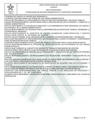 Modelo de 
Mejora 
LÍNEA TECNOLÓGICA DEL PROGRAMA 
CLIENTE 
RED TECNOLÓGICA 
TECNOLOGÍAS DE GESTIÓN ADMINISTRATIVA Y SERVICIOS FINANCIEROS 
TENIENDO EN CUENTA LA FUNCIÓN QUE DESARROLLA. 
CLASIFICA CON OBJETIVIDAD LAS TAREAS DE UNA UNIDAD ADMINISTRATIVA. 
APLICA METÓDICAMENTE EL PROCEDIMIENTO PARA ESTABLECER PRIORIDADES Y METAS DE TRABAJO. 
ASIGNA RESPONSABLEMENTE LOS RECURSOS PARA LA REALIZACIÓN DE LAS ACTIVIDADES Y TAREAS DE LA 
UNIDAD ADMINISTRATIVA. 
APLICA CRÍTICAMENTE LA FUNCIÓN DE PLANEACIÓN Y LAS HERRAMIENTAS PARA ORGANIZAR LAS TAREAS Y 
ACTIVIDADES DE LA UNIDAD ADMINISTRATIVA. 
APLICA OBJETIVAMENTE LAS TÉCNICAS PARA LA CONFORMACIÓN DE EQUIPOS DE TRABAJO, ASUMIENDO LA 
CONDICIÓN DE LIDERAZGO. 
APLICA OBJETIVAMENTE EL CONCEPTO DE AGENDA, ELEMENTOS, CARACTERÍSTICAS Y VERIFICA 
RESULTADOS FRENTE AL ESTÁNDAR DE CALIDAD. 
AJUSTA LAS ACTIVIDADES, EN EL DESARROLLO DE LA AGENDA CON RESPONSABILIDAD Y DISCRECIÓN. 
APLICA METÓDICAMENTE EL PROCEDIMIENTO Y LAS TÉCNICAS PARA LLEGAR A ACUERDOS Y COMPROMISOS 
PARA ESTABLECER METAS DE TRABAJO. 
CONCIERTA OBJETIVAMENTE CON EL EQUIPO DE TRABAJO LOS PLAZOS PARA LA EJECUCIÓN DE METAS. 
APLICA RESPONSABLEMENTE EL PROCESO DE VERIFICACIÓN EN LAS ACTIVIDADES DE UNA UNIDAD 
ADMINISTRATIVA. 
APLICA OBJETIVAMENTE EL CONCEPTO DE AGENDA DE TRABAJO E INDICADORES DE GESTIÓN. 
VERIFICA RESULTADOS FRENTE A LOS ESTÁNDARES DE CALIDAD DE MANERA RESPONSABLE. 
APLICA LOS INDICADORES DE GESTIÓN, EN LA VERIFICACIÓN Y EVALUACIÓN DE LAS TAREAS ACTIVIDADES 
DEL TALENTO HUMANO 
APLICA RESPONSABLEMENTE LOS PROCEDIMIENTO DE DELEGACIÓN, MONITOREO Y EVALUACIÓN DE LAS 
TAREAS. 
RECOGE CON RESPONSABILIDAD LAS EVIDENCIAS DE LOS RESULTADOS DEL DESARROLLO DE LA AGENDA Y 
LOS CONTRASTA, CON ELEMENTOS DE CONTROL ESTABLECIDOS. 
ELABORA OBJETIVAMENTE INSTRUMENTOS DE VERIFICACIÓN DE ACUERDO CON LAS ACTIVIDADES Y 
TAREAS. 
APLICA RESPONSABLEMENTE LAS TÉCNICAS EN EL CONTROL DE RESULTADOS Y SEGUIMIENTO DE METAS. 
SELECCIONA DE MANERA PERTINENTE UNA TÉCNICA DE PLANEACIÓN PARA CONTROLAR METAS. 
VERIFICA CON RESPONSABILIDAD LAS TAREAS FRENTE A LOS MANUALES DE PROCESOS Y 
PROCEDIMIENTOS Y EL DE FUNCIONES. 
ELABORA CON COMPROMISO Y DISCRECIÓN UN INFORME CONSOLIDADO DEL CUMPLIMIENTO DE LAS METAS 
PROPUESTAS. 
20/09/13 04:18 PM Página 31 de 79 
 