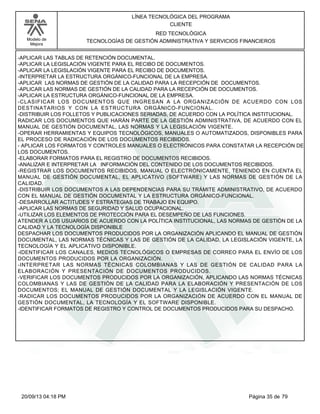 Modelo de 
Mejora 
LÍNEA TECNOLÓGICA DEL PROGRAMA 
CLIENTE 
RED TECNOLÓGICA 
TECNOLOGÍAS DE GESTIÓN ADMINISTRATIVA Y SERVICIOS FINANCIEROS 
-APLICAR LAS TABLAS DE RETENCIÓN DOCUMENTAL. 
-APLICAR LA LEGISLACIÓN VIGENTE PARA EL RECIBO DE DOCUMENTOS. 
-APLICAR LA LEGISLACIÓN VIGENTE PARA EL RECIBO DE DOCUMENTOS. 
-INTERPRETAR LA ESTRUCTURA ORGÁNICO-FUNCIONAL DE LA EMPRESA. 
-APLICAR LAS NORMAS DE GESTIÓN DE LA CALIDAD PARA LA RECEPCIÓN DE DOCUMENTOS. 
-APLICAR LAS NORMAS DE GESTIÓN DE LA CALIDAD PARA LA RECEPCIÓN DE DOCUMENTOS. 
-APLICAR LA ESTRUCTURA ORGÁNICO-FUNCIONAL DE LA EMPRESA. 
-CLASIFICAR LOS DOCUMENTOS QUE INGRESAN A LA ORGANIZACIÓN DE ACUERDO CON LOS 
DESTINATARIOS Y CON LA ESTRUCTURA ORGÁNICO-FUNCIONAL. 
-DISTRIBUIR LOS FOLLETOS Y PUBLICACIONES SERIADAS, DE ACUERDO CON LA POLÍTICA INSTITUCIONAL. 
RADICAR LOS DOCUMENTOS QUE HARÁN PARTE DE LA GESTIÓN ADMINISTRATIVA, DE ACUERDO CON EL 
MANUAL DE GESTIÓN DOCUMENTAL, LAS NORMAS Y LA LEGISLACIÓN VIGENTE. 
-OPERAR HERRAMIENTAS Y EQUIPOS TECNOLÓGICOS, MANUALES O AUTOMATIZADOS, DISPONIBLES PARA 
EL PROCESO DE RADICACIÓN DE LOS DOCUMENTOS RECIBIDOS. 
- APLICAR LOS FORMATOS Y CONTROLES MANUALES O ELECTRÓNICOS PARA CONSTATAR LA RECEPCIÓN DE 
LOS DOCUMENTOS. 
-ELABORAR FORMATOS PARA EL REGISTRO DE DOCUMENTOS RECIBIDOS. 
-ANALIZAR E INTERPRETAR LA INFORMACIÓN DEL CONTENIDO DE LOS DOCUMENTOS RECIBIDOS. 
-REGISTRAR LOS DOCUMENTOS RECIBIDOS, MANUAL O ELECTRÓNICAMENTE, TENIENDO EN CUENTA EL 
MANUAL DE GESTIÓN DOCUMENTAL, EL APLICATIVO (SOFTWARE) Y LAS NORMAS DE GESTIÓN DE LA 
CALIDAD. 
-DISTRIBUIR LOS DOCUMENTOS A LAS DEPENDENCIAS PARA SU TRÁMITE ADMINISTRATIVO, DE ACUERDO 
CON EL MANUAL DE GESTIÓN DOCUMENTAL Y LA ESTRUCTURA ORGÁNICO-FUNCIONAL. 
-DESARROLLAR ACTITUDES Y ESTRATEGIAS DE TRABAJO EN EQUIPO. 
-APLICAR LAS NORMAS DE SEGURIDAD Y SALUD OCUPACIONAL. 
-UTILIZAR LOS ELEMENTOS DE PROTECCIÓN PARA EL DESEMPEÑO DE LAS FUNCIONES. 
ATENDER A LOS USUARIOS DE ACUERDO CON LA POLÍTICA INSTITUCIONAL, LAS NORMAS DE GESTIÓN DE LA 
CALIDAD Y LA TECNOLOGÍA DISPONIBLE 
DESPACHAR LOS DOCUMENTOS PRODUCIDOS POR LA ORGANIZACIÓN APLICANDO EL MANUAL DE GESTIÓN 
DOCUMENTAL, LAS NORMAS TÉCNICAS Y LAS DE GESTIÓN DE LA CALIDAD, LA LEGISLACIÓN VIGENTE, LA 
TECNOLOGÍA Y EL APLICATIVO DISPONIBLE. 
-IDENTIFICAR LOS CANALES, MEDIOS TECNOLÓGICOS O EMPRESAS DE CORREO PARA EL ENVÍO DE LOS 
DOCUMENTOS PRODUCIDOS POR LA ORGANIZACIÓN. 
-INTERPRETAR LAS NORMAS TÉCNICAS COLOMBIANAS Y LAS DE GESTIÓN DE CALIDAD PARA LA 
ELABORACIÓN Y PRESENTACIÓN DE DOCUMENTOS PRODUCIDOS. 
-VERIFICAR LOS DOCUMENTOS PRODUCIDOS POR LA ORGANIZACIÓN, APLICANDO LAS NORMAS TÉCNICAS 
COLOMBIANAS Y LAS DE GESTIÓN DE LA CALIDAD PARA LA ELABORACIÓN Y PRESENTACIÓN DE LOS 
DOCUMENTOS; EL MANUAL DE GESTIÓN DOCUMENTAL Y LA LEGISLACIÓN VIGENTE. 
-RADICAR LOS DOCUMENTOS PRODUCIDOS POR LA ORGANIZACIÓN DE ACUERDO CON EL MANUAL DE 
GESTIÓN DOCUMENTAL, LA TECNOLOGÍA Y EL SOFTWARE DISPONIBLE. 
-IDENTIFICAR FORMATOS DE REGISTRO Y CONTROL DE DOCUMENTOS PRODUCIDOS PARA SU DESPACHO. 
20/09/13 04:18 PM Página 35 de 79 
 