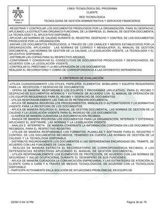 Modelo de 
Mejora 
LÍNEA TECNOLÓGICA DEL PROGRAMA 
CLIENTE 
RED TECNOLÓGICA 
TECNOLOGÍAS DE GESTIÓN ADMINISTRATIVA Y SERVICIOS FINANCIEROS 
-REGISTRAR Y CONTROLAR LOS DOCUMENTOS PRODUCIDOS POR LA ORGANIZACIÓN, PARA SU DESPACHO, 
APLICANDO LA ESTRUCTURA ORGÁNICO-FUNCIONAL DE LA EMPRESA, EL MANUAL DE GESTIÓN DOCUMENTA, 
LA TECNOLOGÍA Y EL APLICATIVO DISPONIBLE. 
-APLICAR LAS NORMAS DE CALIDAD DURANTE EL REGISTRO, DESPACHO Y CONTROL DE LOS DOCUMENTOS 
PRODUCIDOS POR LA ORGANIZACIÓN. 
-ENVIAR LOS DOCUMENTOS PRODUCIDOS, A TRAVÉS DE LOS CANALES Y MEDIOS ESTABLECIDOS POR LA 
ORGANIZACIÓN, APLICANDO LAS NORMAS DE CORREO Y MENSAJERÍA, EL MANUAL DE GESTIÓN 
DOCUMENTAL, LAS NORMAS DE GESTIÓN DE LA CALIDAD, LA LEGISLACIÓN VIGENTE, LA TECNOLOGÍA Y EL 
APLICATIVO DISPONIBLE. 
-DISTRIBUIR LAS COPIAS PARA SU RESPECTIVO ARCHIVO. 
-CONFORMAR Y CONSERVAR EL CONSECUTIVO DE DOCUMENTOS PRODUCIDOS Y DESPACHADOS, DE 
ACUERDO CON LA LEGISLACIÓN VIGENTE. 
-CONTROLAR EL PRÉSTAMO Y LA RECUPERACIÓN DE LOS DOCUMENTOS. 
REALIZAR EL RECORDATORIO Y COBRO DE CORRESPONDENCIA A LAS DIFERENTES DEPENDENCIAS. 
4. CRITERIOS DE EVALUACIÓN 
-UTILIZA CUIDADOSAMENTE LOS ÚTILES, PAPELERÍA, ELEMENTOS, MOBILIARIO Y EQUIPOS REQUERIDOS 
PARA LA RECEPCIÓN Y DESPACHO DE DOCUMENTOS. 
- OPERA DE MANERA RESPONSABLE LOS EQUIPOS Y PROGRAMAS (APLICATIVO) PARA EL RECIBO Y 
DESPACHO DE DOCUMENTOS INTERNOS Y EXTERNOS; DE ACUERDO CON EL MANUAL DE OPERACIÓN DE 
LOS EQUIPOS REQUERIDOS PARA EL RECIBO Y DESPACHO DE DOCUMENTOS. 
- UTILIZA RESPONSABLEMENTE LAS TABLAS DE RETENCIÓN DOCUMENTAL. 
- APLICA DE MANERA RIGUROSA LOS PROCEDIMIENTOS, MANUALES O AUTOMATIZADOS Y LA NORMATIVA 
VIGENTE PARA LA RECEPCIÓN DE LOS DOCUMENTOS. 
- APLICA DE MANERA RIGUROSA EL MANUAL DE GESTIÓN DOCUMENTAL, LAS NORMAS DE GESTIÓN DE LA 
CALIDAD Y LA LEGISLACIÓN VIGENTE PARA EL INGRESO DE LOS DOCUMENTOS. 
- CLASIFICA DE MANERA CUIDADOSA LA DOCUMENTACIÓN RECIBIDA. 
- RADICA DE MANERA RIGUROSA LOS DOCUMENTOS PARA LA ORGANIZACIÓN, INTERNOS Y EXTERNOS, 
APLICANDO EL SOFTWARE, LAS NORMAS Y LA LEGISLACIÓN VIGENTE. 
- ANALIZA E INTERPRETA DE MANERA COHERENTE LA INFORMACIÓN CONTENIDA EN LOS DOCUMENTOS 
RECIBIDOS, PARA EL RESPECTIVO REGISTRO. 
- UTILIZA DE MANERA RESPONSABLE LOS FORMATOS, PLANILLAS Y SOFTWARE PARA EL REGISTRO Y 
CONTROL DE LOS DOCUMENTOS RECIBIDOS, TENIENDO EN CUENTA LAS NORMAS DE GESTIÓN DE LA 
CALIDAD Y LA TECNOLOGÍA DISPONIBLE. 
- DISTRIBUYE RIGUROSAMENTE LOS DOCUMENTOS A LAS DEPENDENCIAS ENCARGADAS DEL TRÁMITE, DE 
ACUERDO CON LAS FUNCIONES DE CADA UNA. 
- REALIZA DE MANERA ESTRICTA EL RECORDATORIO DE CORRESPONDENCIA RECIBIDA, A LAS 
DEPENDENCIAS RESPECTIVAS APLICANDO EL MANUAL DE GESTIÓN DOCUMENTAL. 
- UTILIZA RESPONSABLEMENTE LOS ELEMENTOS DE PROTECCIÓN, DE ACUERDO CON LAS NORMAS DE 
SEGURIDAD Y SALUD OCUPACIONAL DURANTE EL DESEMPEÑO DE SUS FUNCIONES. 
- APLICA DE MANERA CUIDADOSA LA COMUNICACIÓN EMPRESARIAL Y LAS ESTRATEGIAS DE ATENCIÓN AL 
CLIENTE CARA A CARA Y A TRAVÉS DE MEDIOS TECNOLÓGICOS, DE ACUERDO CON LA TECNOLOGÍA 
DISPONIBLE. 
- PARTICIPA ACTIVAMENTE EN LA SOLUCIÓN DE SITUACIONES PROBLÉMICAS, EN EQUIPO DE 
20/09/13 04:18 PM Página 36 de 79 
 