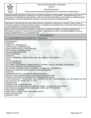 Modelo de 
Mejora 
LÍNEA TECNOLÓGICA DEL PROGRAMA 
CLIENTE 
RED TECNOLÓGICA 
TECNOLOGÍAS DE GESTIÓN ADMINISTRATIVA Y SERVICIOS FINANCIEROS 
PROPORCIONAR ATENCIÓN Y SERVICIO AL CLIENTE, EN INGLÉS Y EN ESPAÑOL, DE MANERA EFECTIVA, A 
TRAVÉS DE LOS MEDIOS TECNOLÓGICOS Y LOS APLICATIVOS DISPONIBLES, APLICANDO LA COMUNICACIÓN 
EMPRESARIAL, LOS ESTÁNDARES DE CALIDAD Y LAS POLÍTICAS DE LA ORGANIZACIÓN. 
VERIFICAR LA APLICACIÓN DE LAS ESTRATEGIAS DE ATENCIÓN Y SERVICIO AL CLIENTE, CARA A CARA, A 
TRAVÉS DE MEDIOS TECNOLÓGICOS EN INGLES Y ESPAÑOL DE ACUERDO CON LA POLÍTICA INSTITUCIONAL Y 
LOS ESTÁNDARES DE CALIDAD ESTABLECIDOS. 
IDENTIFICAR SOLUCIONES DE ATENCIÓN Y SERVICIO AL CLIENTE INTERNO Y EXTERNO, MEDIANTE LA 
IMPLEMENTACIÓN DE LA TECNOLOGÍA DISPONIBLE, TENIENDO EN CUENTA LOS REQUERIMIENTOS DE LA 
UNIDAD ADMINISTRATIVA Y LA ORGANIZACIÓN. 
3. CONOCIMIENTOS 
3.1. CONOCIMIENTOS DE CONCEPTOS Y PRINCIPIOS 
PERSONALIDAD. 
-CONCEPTO 
-CONDUCTA Y PENSAMIENTO. 
-ASPECTOS DE LA PERSONALIDAD. 
-CARACTERÍSTICAS DE LA PERSONALIDAD. 
-FACTORES DE LA PERSONALIDAD 
-DIMENSIÓN INTERPERSONAL. 
-IMAGEN PERSONAL 
-CONCEPTO 
-ASPECTO CORPORAL: CUIDADO DE LA PIEL, DEL CABELLO Y DEL ROSTRO. 
-SALUD. 
-ASPECTO ESPIRITUAL. 
-ENCANTO PERSONAL. 
-VESTUARIO Y ACCESORIOS: COMBINACIÓN DE COLORES, USO DEL UNIFORME, ACCESORIOS. 
-MAQUILLAJE, PERFUME, ELEGANCIA MASCULINA 
-RELACIONES INTERPERSONALES: CONCEPTO, ELEMENTOS Y DESARROLLO 
CADENA DE SUMINISTRO (SCM) SUPPLAY CHAIN MANAGEMENT 
-CONCEPTO 
-ADMINISTRACIÓN DE LA CADENA DE SUMINISTRO (SCM) 
-ASPECTOS POR CONSIDERAR EN LA IMPLEMENTACIÓN DE LA SCM 
-POSIBLES CONTINGENCIAS PARA EVITAR PROBLEMAS EN LA SCM 
-OPORTUNIDADES Y RETOS DEL RFID (DISPOSITIVO DE TRANSFERENCIA DE INFORMACIÓN POR 
FRECUENCIAS DE RADIO) EN LA SCM. 
COMUNICACIÓN. 
-ELEMENTOS DE LA COMUNICACIÓN 
-COMUNICACIÓN VERBAL, COMUNICACIÓN NO VERBAL Y NORMAS DE CONVIVENCIA. 
FUNCTIONS: NOUNS, ADJECTIVES, PRONOUNS, VERBS AND PREPOSITIONS 
INTRODUCING YOURSELF 
-NAME: FAMILY, MIDDLE, FIRST, AGE, WEIGH, HEIGHT. 
-IDENTIFICATION CARD 
-PASSPORT CARD 
20/09/13 04:18 PM Página 38 de 79 
 
