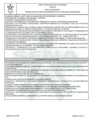 Modelo de 
Mejora 
LÍNEA TECNOLÓGICA DEL PROGRAMA 
CLIENTE 
RED TECNOLÓGICA 
TECNOLOGÍAS DE GESTIÓN ADMINISTRATIVA Y SERVICIOS FINANCIEROS 
ELABORAR NÓMINA, JUNTO CON LA LIQUIDACIÓN DE PROVISIONES Y APORTES 
CONTABILIZAR LA NÓMINA, PROVISIONES Y APORTES 
ELABORAR LIQUIDACIÓN DE CONTRATOS. 
ANALIZAR E INTERPRETAR LA INFORMACIÓN TENIENDO EN CUENTA LAS RAZONES FINANCIERAS. 
ANALIZAR LOS INFORMES FINANCIEROS COMPARATIVAMENTE DE ACUERDO CON LAS POLÍTICAS 
ORGANIZACIONALES. 
PRESENTAR EL ANÁLISIS DE LOS RESULTADOS FINANCIEROS ACORDE CON LOS REQUERIMIENTOS DE LA 
ORGANIZACIÓN PARA LA TOMA DE DECISIONES Y LA PROYECCIÓN DE LAS METAS. 
SOPORTAR LAS PROPUESTAS RELACIONADAS CON CAMBIOS O MEJORAS A LOS PLANES Y PROGRAMAS DE 
LA ORGANIZACIÓN DE ACUERDO CON LOS INFORMES FINALES. 
ADMINISTRAR LA INFORMACIÓN DE LOS RESULTADOS FINANCIEROS DE LA ORGANIZACIÓN DE ACUERDO 
CON LAS POLÍTICAS ORGANIZACIONALES Y LAS NORMAS LEGALES Y EL CÓDIGO DE ÉTICA. 
CONSERVAR LOS SOPORTES CONTABLES TENIENDO EN CUENTA LAS NORMAS Y LEGISLACIÓN VIGENTES 
-INTERPRETAR LA NORMATIVIDAD VIGENTE, RELACIONADA CON LOS SOPORTES, TABLAS DE RETENCIÓN Y 
VALORACIÓN DOCUMENTAL 
CONSERVAR LOS SOPORTES DOCUMENTALES DE LA INFORMACIÓN TENIENDO EN CUENTA LAS POLÍTICAS 
ORGANIZACIONALES, LAS NORMAS Y LEGISLACIÓN VIGENTES. 
-ARCHIVAR Y CONSERVAR LOS DOCUMENTOS COMERCIALES CONFORME A NORMAS LEGALES Y 
PROCEDIMIENTOS INSTITUCIONALES. 
4. CRITERIOS DE EVALUACIÓN 
DIFERENCIA LOS DOCUMENTOS COMERCIALES (CONTABLES Y NO CONTABLES) DE LOS TÍTULOS VALORES Y 
OTROS DOCUMENTOS. 
INTERPRETA NORMAS LEGALES Y PROCEDIMIENTOS ORGANIZACIONALES RELATIVOS A LOS DOCUMENTOS 
COMERCIALES. 
IDENTIFICA EN SU ENTORNO UNA EMPRESA DE CADA UNO DE LOS SECTORES ECONÓMICOS Y DESCRIBE LAS 
CARACTERÍSTICAS DE CADA UNA DE ELLAS. 
IDENTIFICA LA ESTRUCTURA DE P.U.C COMERCIAL. 
CODIFICA OBJETIVAMENTE LOS DOCUMENTOS CONTABLES, APLICANDO RIGUROSAMENTE LAS NORMAS DEL 
PUC. 
CLASIFICA LAS CUENTAS DE ACUERDO AL DECRETO 2650/93 
CONOCE EL PROPÓSITO Y LAS CARACTERÍSTICAS COMERCIALES Y LEGALES DE LOS DOCUMENTOS 
SOPORTES. 
ELABORA CORRECTAMENTE LOS DOCUMENTOS SOPORTES DEL PROCESO CONTABLE. 
INTERPRETA Y APLICA LAS NORMAS O PRINCIPIOS DE CONTABILIDAD GENERALMENTE ACEPTADOS. 
IDENTIFICA LOS ESTADOS FINANCIEROS BÁSICOS Y LOS ELEMENTOS QUE LOS CONSTITUYEN. 
COMPRENDE LAS IMPLICACIONES DE LA ÉTICA EN LOS PROCESOS CONTABLES. 
CLASIFICA Y ARCHIVA TÉCNICAMENTE LOS DOCUMENTOS DE ACUERDO CON EL TIPO DE TRANSACCIÓN 
REALIZADA. 
APLICA CORRECTAMENTE EL PRINCIPIO DE LA PARTIDA DOBLE EN LAS TRANSACCIONES. 
20/09/13 04:18 PM Página 63 de 79 
 