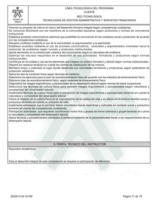 Modelo de 
Mejora 
LÍNEA TECNOLÓGICA DEL PROGRAMA 
CLIENTE 
RED TECNOLÓGICA 
TECNOLOGÍAS DE GESTIÓN ADMINISTRATIVA Y SERVICIOS FINANCIEROS 
Vivencia su proyecto de vida en el marco del Desarrollo Humano Integral según competencias ciudadanas. 
Se comunica fácilmente con los miembros de la comunidad educativa según protocolos y normas de convivencia 
institucional. 
Establece procesos comunicativos asertivos que posibilitan la convivencia en los contextos social y productivo de acuerdo 
con las competencias ciudadanas. 
Resuelve conflictos mediante el uso de la racionalidad, la argumentación y la asertividad. 
Establece acuerdos mediante el uso de procesos comunicativos, racionales y argumentados orientados hacia la 
resolución de problemas según normas y protocolos institucionales. 
Aporta elementos en la construcción colectiva del conocimiento según la naturaleza del problema. 
Optimiza los recursos requeridos en el desarrollo de sus actividades formativas y productivas según normas 
institucionales. 
Contribuye en el cuidado y uso de los elementos que integran su entorno formativo y laboral según normas institucionales. 
Dispone los residuos teniendo en cuenta las normas de clasificación de los mismos. 
Mantiene limpio y ordenado el lugar donde desarrolla sus actividades formativas y productivas según estándares de 
protección ambiental. 
Aplica los test de condición física según técnicas de medición. 
Selecciona los ejercicios para el plan de acondicionamiento físico de acuerdo con los métodos de entrenamiento físico. 
Elabora el plan de acondicionamiento físico, según sistemas de entrenamiento físico 
Diagnóstica los riesgos ergonómicos y psicosociales de su desempeño laboral según normas de salud ocupacional. 
Selecciona las técnicas de cultura física para prevenir riesgos ergonómicos y psicosociales según naturaleza y 
complejidad del desempeño laboral. 
Implementa técnicas de cultura física para la prevención de riesgos ergonómicos y psicosociales teniendo en cuenta la 
naturaleza y complejidad del desempeño laboral. 
Valora el impacto de la cultura física en el mejoramiento de la calidad de vida y su efecto en el entorno familiar social y 
productivo teniendo en cuenta su proyecto de vida. 
Implementa estrategias que le permitan liderar actividades físicas deportivas y culturales en contexto social y productivo 
teniendo en cuenta las competencias ciudadanas. 
Participa en actividades que requieren coordinación motriz fina y gruesa de forma individual y grupal teniendo en cuenta 
la naturaleza y complejidad del desempeño laboral. 
Aplica técnicas y procedimientos orientados al perfeccionamiento de la psicomotricidad frente a los requerimientos de su 
desempeño laboral. 
5. PERFIL TÉCNICO DEL INSTRUCTOR 
Requisitos Académicos: 
Para el desarrollo integral de esta competencia se requiere la participación de diferentes 
20/09/13 04:18 PM Página 71 de 79 
 