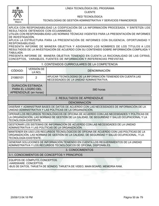 Modelo de 
Mejora 
LÍNEA TECNOLÓGICA DEL PROGRAMA 
CLIENTE 
RED TECNOLÓGICA 
TECNOLOGÍAS DE GESTIÓN ADMINISTRATIVA Y SERVICIOS FINANCIEROS 
APLICA CON RESPONSABILIDAD LA CODIFICACIÓN DE LA INFORMACIÓN PROCESADA, Y SINTETIZA LOS 
RESULTADOS OBTENIDOS CON ECUANIMIDAD. 
UTILIZA CON RESPONSABILIDAD LAS NORMAS TÉCNICAS VIGENTES PARA LA PRESENTACIÓN DE INFORMES 
DE INVESTIGACIÓN. 
APLICA LA ESTRUCTURA PARA LA PRESENTACIÓN DE INFORMES CON DILIGENCIA, OPORTUNIDAD Y 
RESPONSABILIDAD. 
PRESENTA INFORME DE MANERA OBJETIVA Y ASIGNANDO LOS NOMBRES DE LOS TÍTULOS A LOS 
RESULTADOS DE LA INVESTIGACIÓN DE ACUERDO CON SU CONTENIDO SOBRE INFORMACIÓN COMPILADA Y 
TABULADA. 
PRESENTA INFORME DE MANERA OBJETIVA TENIENDO EN CUENTA LA RACIONALIDAD DE LAS CIFRAS, 
CONCEPTOS, VARIABLES, FUENTES DE INFORMACIÓN Y REFERENCIAS PREVISTAS. 
1. CONTENIDOS CURRICULARES DE LA COMPETENCIA 
CÓDIGO: DENOMINACIÓN 
21060101 
VERSIÓN DE 
LA NCL 
2 
APLICAR TECNOLOGÍAS DE LA INFORMACIÓN TENIENDO EN CUENTA LAS 
NECESIDADES DE LA UNIDAD ADMINISTRATIVA. 
2. RESULTADOS DE APRENDIZAJE 
DURACIÓN ESTIMADA 
PARA EL LOGRO DEL 
APRENDIZAJE (en horas) 
580 horas 
DENOMINACIÓN 
DISEÑAR Y ADMINISTRAR BASES DE DATOS DE ACUERDO CON LAS NECESIDADES DE INFORMACIÓN DE LA 
UNIDAD ADMINISTRATIVA Y LAS POLÍTICAS DE LA ORGANIZACIÓN. 
OPERAR LOS RECURSOS TECNOLÓGICOS DE OFICINA DE ACUERDO CON LAS NECESIDADES Y POLÍTICAS DE 
LA ORGANIZACIÓN, LAS NORMAS DE GESTIÓN DE LA CALIDAD, DE SEGURIDAD Y SALUD OCUPACIONAL Y LA 
TECNOLOGÍA EXISTENTE. 
GESTIONAR LOS SISTEMAS DE INFORMACIÓN DE ACUERDO CON LAS NECESIDADES DE LA UNIDAD 
ADMINISTRATIVA Y LAS POLÍTICAS DE LA ORGANIZACIÓN. 
MANTENER EN USO LOS RECURSOS TECNOLÓGICOS DE OFICINA DE ACUERDO CON LAS POLÍTICAS DE LA 
ORGANIZACIÓN, LAS NORMAS DE GESTIÓN DE LA CALIDAD, DE SEGURIDAD Y SALUD OCUPACIONAL, Y LA 
TECNOLOGÍA EXISTENTE. 
GENERAR SOLUCIONES DE INFORMACIÓN TENIENDO EN CUENTA LOS REQUERIMIENTOS DE LA UNIDAD 
ADMINISTRATIVA Y LOS RECURSOS TECNOLÓGICOS DE OFICINA, DISPONIBLES. 
3. CONOCIMIENTOS 
3.1. CONOCIMIENTOS DE CONCEPTOS Y PRINCIPIOS 
EQUIPOS DE CÓMPUTO, CONCEPTOS. 
-HARDWARE. CONCEPTOS. 
-BUS DE DATOS, TARJETA DE SONIDO, TARJETA DE VIDEO, MAIN BOARD, MEMORIA RAM, 
20/09/13 04:18 PM Página 50 de 79 
 
