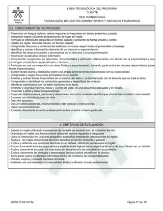 Modelo de 
Mejora 
LÍNEA TECNOLÓGICA DEL PROGRAMA 
CLIENTE 
RED TECNOLÓGICA 
TECNOLOGÍAS DE GESTIÓN ADMINISTRATIVA Y SERVICIOS FINANCIEROS 
3.2. CONOCIMIENTOS DE PROCESO 
- Reconocer en lengua inglesa, verbos regulares e irregulares en tiempo presente y pasado 
- interpretar mapas utilizando preposiciones de lugar en inglés 
- Formular al interlocutor preguntas en tiempo pasado y presente de forma amable y cortés 
- Relatar en inglés historias breves en tiempo pasado 
- Comprender discursos y conferencias extensas, e incluso seguir líneas argumentales complejas. 
- Identificar y extraer información relevante de un discurso o argumentación. 
- Identificar las ideas principales y secundarias de un discurso o una argumentación. 
- Reconocer vocabulario técnico intermedio 
- Comprender programas de televisión, documentales y películas relacionadas con temas de la especialidad y que 
contengan vocabulario especializado o técnico. 
- Participar en una conversación con cierta fluidez y espontaneidad, tomando parte activa en debates desarrollados sobre 
temas especializados 
- Escribir textos claros y detallados sobre una amplia serie de temas relacionados con su especialidad. 
- Comprender y seguir los puntos principales de un escrito. 
- Analizar y extraer temas importantes de un escrito, así este o no familiarizado con el tema de que se trata el texto. 
- Comprender e identificar los contenidos generales y específicos de un texto. 
- Identificar significados que no están explícitos en el texto. 
- Entender y expresar hechos, ideas y puntos de vista, en una secuencia adecuada y en detalle, 
- Presentar a otros y hacer comparaciones. 
- Especular sobre eventos, personas y situaciones, así como comentar asuntos que otros le han contado o mencionado. 
- Expresar con claridad puntos de vista 
- Describir procesos 
- Discutir sobre problemas, inconvenientes y dar consejo o instrucciones. 
- Hacer recomendaciones. 
- Expresar claramente acuerdo o desacuerdo sobre un tema o hecho particular. 
4. CRITERIOS DE EVALUACIÓN 
- Saluda en inglés utilizando expresiones de cortesía de acuerdo con el momento del día 
- Dramatiza en inglés una historia breve utilizando verbos regulares e irregulares 
- Ubica al interlocutor en un punto geográfico específico empleando preposiciones en inglés. 
- Traduce del inglés documentos técnicos sencillos en tiempo presente y pasado 
- Explica y defiende sus opiniones técnicas en un debate, utilizando expresiones en inglés. 
- Proporciona explicaciones, argumentos y explicaciones lógicas sobre aspectos técnicos de su profesión en un debate. 
- Explica claramente su punto de vista sobre un tema técnico de actualidad en su profesión. 
- Explica claramente las ventajas y desventajas de una posible decisión en lo técnico. 
- Toma parte activa en debates informales dentro de contextos de trabajo habituales. 
- Plantea, explica y contesta hipótesis técnicas. 
- Sostiene una conversación con naturalidad, fluidez y eficacia, incluso sobre temas 
20/09/13 04:18 PM Página 77 de 79 
 