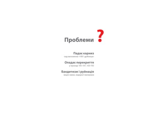 Проблеми ? 
Падає карниз 
над магазином «1001 дрібниця» 
Опадає перекриття 
у проході 105-107, 103-105 
Бандитизм і руйнація 
міціні лавки, недорогі матеріали 
 