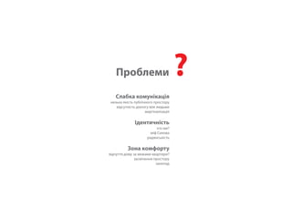 Проблеми ? 
Слабка комунікація 
низька якість публічного простору 
відсутність діалогу між людьми 
маргіналізація 
Ідентичність 
хто ми? 
міф Сихова 
радянськість 
Зона комфорту 
відчуття дому за межами квартири? 
засмічення простору 
занепад 
 