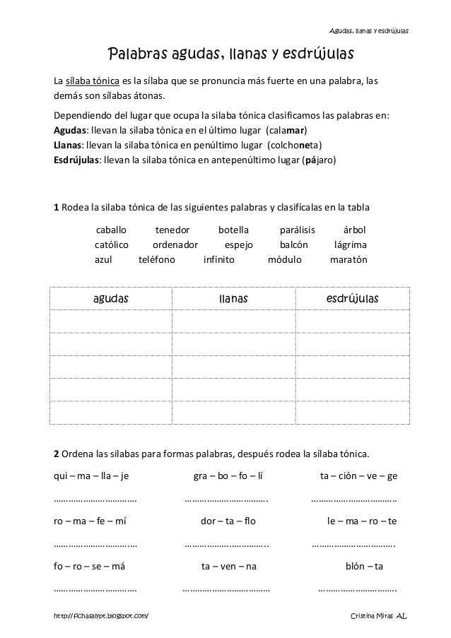 Agudas, llanas y esdrÃºjulas 
Palabras agudas, llanas y esdrÃºjulas 
La sÃ­laba tÃ³nica es la sÃ­laba que se pronuncia mÃ¡s fuer...