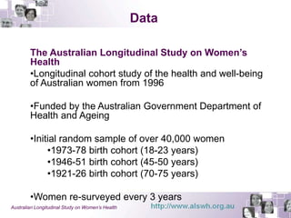 Data 
The Australian Longitudinal Study on Women’s 
Health 
•Longitudinal cohort study of the health and well-being 
of Australian women from 1996 
•Funded by the Australian Government Department of 
Health and Ageing 
•Initial random sample of over 40,000 women 
•1973-78 birth cohort (18-23 years) 
•1946-51 birth cohort (45-50 years) 
•1921-26 birth cohort (70-75 years) 
•Women re-surveyed every 3 years 
Australian Longitudinal Study on Women’s Health 
 