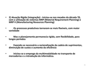 11 
• 2) Atuação Rígida (integração) - Iniciou-se nos meados da década 70, 
com a utilização de sistemas MRP (Material Requirement Planning) e 
MRP II (Manufacturing Resources Planning) 
• Os processos produtivos tornaram-se mais flexíveis, com maior 
variedade 
• Mas o planejamento permanecia rígido, sem flexibilidade, para 
longos períodos 
• Fazendo-se necessário a racionalização da cadeia de suprimentos, 
diminuição de custos e aumento da eficiência 
• iniciou-se o emprego da multimodalidade no transporte de 
mercadorias e a introdução da informática. 
 