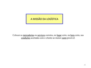 20 
A MISSÃO DA LOGÍSTICA 
Colocar as mercadorias ou serviços corretos, no lugar certo, na hora certa, nas 
condições acertadas com o cliente ao menor custo possível. 
 