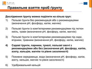 Правильне взяття проб ґрунту 
Дослідження ґрунту можна поділити на кілька груп: 
1) Польові ґрунти без рекомендацій або з рекомендаціями 
(визначення pH, фосфору, калію, магнію) 
2) Польові ґрунти із комп'ютерними рекомендаціями під тютюн 
хміль, трави (визначення pH, фосфору, калію, магнію) 
3) Польові ґрунти із комп'ютерними рекомендаціями під сади, 
ягідники, травники (визначення pH, фосфору, калію, магнію) 
4) Садові ґрунти, парники, тунелі, польові овочі з 
рекомендаціями або без (визначення рН, фосфору, калію, 
азоту, кальцію, магнію та рівня засоленості) 
5) Поживне середовище, вода (визначення рН, фосфору, калію, 
азоту, кальцію, магнію та рівня засоленості) 
6) Удобрювальний кальцій 
 