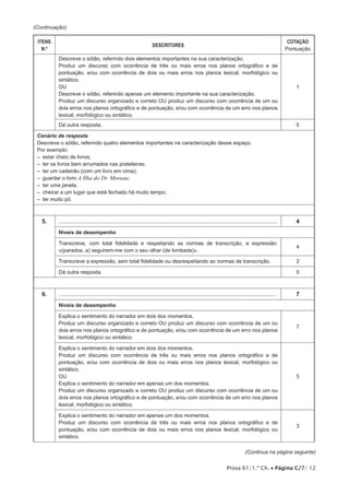 Prova 61/1.ª Ch. • Página C/7/ 12 
(Continuação) 
ITENS 
N.º DESCRITORES COTAÇÃO 
Pontuação 
Descreve o sótão, referindo dois elementos importantes na sua caracterização. 
Produz um discurso com ocorrência de três ou mais erros nos planos ortográfico e de 
pontuação, e/ou com ocorrência de dois ou mais erros nos planos lexical, morfológico ou 
sintático. 
OU 
Descreve o sótão, referindo apenas um elemento importante na sua caracterização. 
Produz um discurso organizado e correto OU produz um discurso com ocorrência de um ou 
dois erros nos planos ortográfico e de pontuação, e/ou com ocorrência de um erro nos planos 
lexical, morfológico ou sintático. 
1 
Dá outra resposta. 0 
Cenário de resposta 
Descreve o sótão, referindo quatro elementos importantes na caracterização desse espaço. 
Por exemplo: 
– estar cheio de livros; 
– ter os livros bem arrumados nas prateleiras; 
– ter um cadeirão (com um livro em cima); 
– guardar o livro A Ilha do Dr. Moreau; 
– ter uma janela; 
– cheirar a um lugar que está fechado há muito tempo; 
– ter muito pó. 
5. ...................................................................................................................................... 4 
Níveis de desempenho 
Transcreve, com total fidelidade e respeitando as normas de transcrição, a expressão: 
«(parados, a) seguirem-me com o seu olhar (de lombada)». 
4 
Transcreve a expressão, sem total fidelidade ou desrespeitando as normas de transcrição. 2 
Dá outra resposta. 0 
6. ...................................................................................................................................... 7 
Níveis de desempenho 
Explica o sentimento do narrador em dois dos momentos. 
Produz um discurso organizado e correto OU produz um discurso com ocorrência de um ou 
dois erros nos planos ortográfico e de pontuação, e/ou com ocorrência de um erro nos planos 
lexical, morfológico ou sintático. 
7 
Explica o sentimento do narrador em dois dos momentos. 
Produz um discurso com ocorrência de três ou mais erros nos planos ortográfico e de 
pontuação, e/ou com ocorrência de dois ou mais erros nos planos lexical, morfológico ou 
sintático. 
OU 
Explica o sentimento do narrador em apenas um dos momentos. 
Produz um discurso organizado e correto OU produz um discurso com ocorrência de um ou 
dois erros nos planos ortográfico e de pontuação, e/ou com ocorrência de um erro nos planos 
lexical, morfológico ou sintático. 
5 
Explica o sentimento do narrador em apenas um dos momentos. 
Produz um discurso com ocorrência de três ou mais erros nos planos ortográfico e de 
pontuação, e/ou com ocorrência de dois ou mais erros nos planos lexical, morfológico ou 
sintático. 
3 
(Continua na página seguinte) 
 
