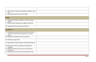 6. Menunjukkan integritas dan stabilitas kepribadian yang 
kuat. 
7. Menampilkan kenerja berkualitas tinggi. 
Sosial 
8. Mengimplimentasikan kolaborasi internal di tempat 
bekerja. 
9. Berperan dalam organisasi dan kegiatan profesi BK. 
10. Mengimplimentasi kolaborasi antarprofesi. 
Profesional 
11. Menguasai konsep dan praksis penilaian (assessment) 
untuk memahami kondisi, kebutuhan dan masalah 
konseli. 
12. Menguasai kerangka teoritik dan praksis BK. 
13. Merancang program BK. 
14. Mengimplementasikan program BK yang komprehensif. 
15. Menilai proses dan hasil kegiatan bimbingan dan 
konseling. 
16. Memiliki kesadaran dan komitmen terhadap etika 
profesional. 
17. Menguasai konsep dan praksis penelitian dalam BK. 
Page 2 
 