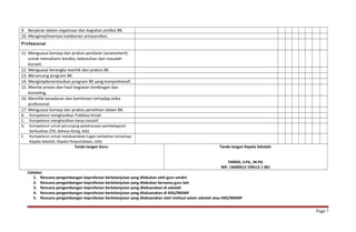9. Berperan dalam organisasi dan kegiatan profesi BK. 
10. Mengimplimentasi kolaborasi antarprofesi. 
Profesional 
11. Menguasai konsep dan praksis penilaian (assessment) 
untuk memahami kondisi, kebutuhan dan masalah 
konseli. 
12. Menguasai kerangka teoritik dan praksis BK. 
13. Merancang program BK. 
14. Mengimplementasikan program BK yang komprehensif. 
15. Menilai proses dan hasil kegiatan bimbingan dan 
konseling. 
16. Memiliki kesadaran dan komitmen terhadap etika 
profesional. 
17. Menguasai konsep dan praksis penelitian dalam BK. 
B. Kompetensi menghasilkan Publikasi Ilmiah 
C. Kompetensi menghasilkan Karya Inovatif 
D. Kompetensi untuk penunjang pelaksanaan pembelajaran 
berkualitas (TIK, Bahasa Asing, dsb) 
E. Kompetensi untuk melaksanakan tugas tambahan (misalnya 
Kepala Sekolah, Kepala Perpustakaan, dsb) 
Tanda tangan Guru: Tanda tangan Kepala Sekolah: 
TARNO, S.Pd., M.Pd. 
NIP. 19690913 199512 1 001 
Catatan: 
1. Rencana pengembangan keprofesian berkelanjutan yang dilakukan oleh guru sendiri 
2. Rencana pengembangan keprofesian berkelanjutan yang dilakukan bersama guru lain 
3. Rencana pengembangan keprofesian berkelanjutan yang dilaksanakan di sekolah 
4. Rencana pengembangan keprofesian berkelanjutan yang dilaksanakan di KKG/MGMP 
5. Rencana pengembangan keprofesian berkelanjutan yang dilaksanakan oleh institusi selain sekolah atau KKG/MGMP 
Page 7 
 