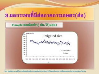 3.ผลกระทบที่มีต่อภาคการเกษตร(ต่อ) 
Example:ผลผลิตข้าว( ตัน/ไร่)ลดลง 
ที่มา: ศูนย์จัดการความรู้ด้านการเปลี่ยนแปลงภูมิอากาศ ศูนย์เครือข่ายงานวิเคราะห์วิจัยและฝึกอบรมการเปลี่ยนแปลงของโลก จุฬาลงกรณ์มหาวิทยาลัย 
 