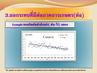 3.ผลกระทบที่มีต่อภาคการเกษตร(ต่อ) 
Example:ผลผลิตมันสาปะหลัง( ตัน/ไร่) ลดลง 
ที่มา: ศูนย์จัดการความรู้ด้านการเปลี่ยนแปลงภูมิอากาศ ศูนย์เครือข่ายงานวิเคราะห์วิจัยและฝึกอบรมการเปลี่ยนแปลงของโลก จุฬาลงกรณ์มหาวิทยาลัย 
 