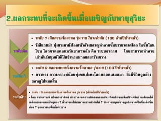 2.ผลกระทบที่จะเกิดขึ้นเมื่อเผชิญกับพายุสุริยะ 
ระดับเจ็ด 
• ระดับ 7 เกิดความโกลาหล วุ่นวาย ในวงจากัด (100 ล้านปีข้างหน้า) 
• รังสีแกมม่า มุ่งตรงมายังโลกเข้าล้างผลาญทาลายชนั้บรรยากาศโลก ในชั้นโอน 
โซน โลกขาดแคลนทรัพยากรหลัก คือ ระบบอากาศ โดยสามารถทาลาย 
เผ่าพันธ์มนุษย์ได้เป็นจานวนมากและกว้างขวาง 
ระดับเก้า 
• ระดับ 9 ผลกระทบสร้างความโกลาหล วุ่นวาย (100 ปีข้างหน้า) 
• ดาวหาง ดาวเคราะห์น้อยพุ่งชนปะทะโลกตลอดเสมอมา สิ่งมีชีวิตถูกล้าง 
ผลาญไปหมดสิ้น 
ระดับสิบ 
• ระดับ 10 ผลกระทบสร้างความโกลาหล วุ่นวาย (ล้านล้านปีข้างหน้า) 
• โลก ดาวเคราะห์ หรือดวงอาทิตย์ จักรวาล แตกระเบิดออกจากกัน เกิดผลึกของฟองนิวเคลียร์ จะส่งผลให้ 
เหล็กอาจจะแตกเป็นผุยผง ? น้าอาจจะไม่สามารถรวมตัวกันได้ ? ร่างกายมนุษย์อาจถูกฉีกขาดเป็นชิ้นเล็กชิ้น 
น้อย ? ทุกอย่างจบสิ้นทงั้จักรวาล 
 