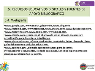 5. RECURSOS EDUCATIVOS DIGITALES Y FUENTES DE 
APOYO BIBLIOGRÁFICO 
5.4. Webgrafía 
•www.google.com, www.search.yahoo.com, www.bing.com, 
•www.foofoind.com, www.rtbot.net, www.chacha.com, www.duckduckgo.com, 
•www.hispavista.com, www.baidu.com, www.dmoz.com, 
•www.elprofe.com creado con el objetivo de ser un sitio de encuentro y 
actualización para docentes y estudiantes. 
•www.eleducador.com Informe de docentes de América latina planes de clases 
guías del maestro y artículos educativos. 
•www.aprendo.gov. Colombia aprende recursos para docentes 
investigadores y estudiantes, ciencias para niños. Sencillos experimentos de 
ciencias que despiertan su interés. 
 