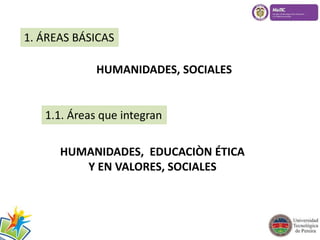 1. ÁREAS BÁSICAS 
HUMANIDADES, SOCIALES 
1.1. Áreas que integran 
HUMANIDADES, EDUCACIÒN ÉTICA 
Y EN VALORES, SOCIALES 
 