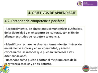 4. OBJETIVOS DE APRENDIZAJE 
4.2. Estándar de competencia por área 
- Reconocimiento, en situaciones comunicativas auténticas, 
de la diversidad y el encuentro de culturas, con el fin de 
afianzar actitudes de respeto y tolerancia. 
- Identifico y rechazo las diversas formas de discriminación 
en mi medio escolar y en mi comunidad, y analizo 
críticamente las razones que puedan favorecer estas 
discriminaciones. 
- Reconoce como puede aportar al mejoramiento de la 
convivencia escolar y en su entorno. 
 