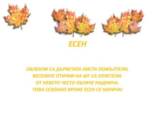 ЕСЕН 
ОБЛЕКЛИ СА ДЪРВЕТАТА ЛИСТА ПОЖЪЛТЕЛИ, 
ВЕСЕЛИТЕ ПТИЧКИ НА ЮГ СА ОТЛЕТЕЛИ. 
ОТ НЕБЕТО ЧЕСТО ОБЛАЧЕ НАДНИЧА- 
ТОВА СЕЗОННО ВРЕМЕ ЕСЕН СЕ НАРИЧА! 
 