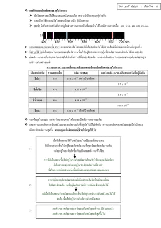  การศึกษาสเปกตรัมของธาตุไฮโดรเจน 
 นักวิทยาศาสตร์ได้ศึกษาสเปกตรัมของแก๊ส เพราะว่ามีอะตอมอยู่ห่างกัน 
 และเลือกใช้อะตอมไฮโดรเจนเนืÉองจากมี ř อิเล็กตรอน 
 พบว่า มีเส้นสเปกตรัมทีÉปรากฏในช่วงความยาวคลืÉนทีÉมองเห็นได้โดยมีความยาวคลืÉน ŜřŘ , ŜśŜ , ŜŠŞ และ ŞŝŞ nm 
 จากการทดลองหลายครัÊง พบว่า อะตอมของไฮโดรเจนให้เส้นสเปกตรัมได้หลายเส้นทÉีมีลักษณะเหมือนกันทุกครัÊง 
 จึงสรุปได้ว่า อิเล็กตรอนในอะตอมของไฮโดรเจนขึÊนไปอยใู่นสถานะกระตุ้นทÉีมีพลังงานแตกต่างกันได้หลายระดับ 
 ค่าพลังงานของเส้นสเปกตรัมแสดงให้เห็นถึงการเปลีÉยนระดับพลังงานของอิเล็กตรอนในอะตอมจากระดับพลังงานสูง 
มายังระดับพลังงานตํÉา 
ตารางแสดงความยาวคลืÉนและพลังงานของเส้นสเปกตรัมของธาตุไฮโดรเจน 
เส้นสเปกตรัม ความยาวคลÉืน พลังงาน (KJ) ผลต่างพลังงานของเส้นสเปกตรัมทÉีอยู่ถัดกัน 
สีม่วง ŜřŘ Ŝ.ŠŜ x 10–22 (ห่างนิวเคลียส) 
Ś.ş x 10–23 
สีนํÊาเงิน ŜśŜ Ŝ.ŝş x 10–22 
Ŝ.š x 10–23 
สีนํÊาทะเล ŜŠŞ Ŝ.ŘŠ x 10–22 
řŘ.Ş x 10–23 
สีแดง ŞŝŞ ś.ŘŚ x 10–22 (ใกล้นิวเคลียส) 
 จากข้อมูลในตาราง แสดงว่าอะตอมของไฮโดรเจนมีพลังงานหลายระดับ 
 และความแตกต่างระหว่างพลังงานของแต่ละระดับทีÉอยู่ถัดไปก็ไม่เท่ากัน ความแตกต่างของพลังงานจะมีค่าน้อยลง 
เมÉือระดับพลังงานสูงขึÊน จากเหตุผลทÉีอธิบายมานÊีช่วยให้สรุปได้ว่า 
1) 
2) 
3) 
เมืÉออิเล็กตรอนได้รับพลังงานในปริมาณทีÉเหมาะสม 
อิเล็กตรอนจะขึÊนไปอยใู่นระดับพลังงานทÉีสูงกว่าระดับพลังงานเดิม 
แต่จะอยใู่นระดับใดขึÊนกับปริมาณพลังงานทÉีได้รับ 
การทÉีอิเล็กตรอนขึÊนไปอยใู่นระดับพลังงานใหม่ทำให้อะตอมไม่เสถียร 
อิเล็กตรอนจะกลับมาอยใู่นระดับพลังงานทÉีตํÉากว่า 
ซึÉงในการเปลÉียนตำแหน่งนีÊอิเล็กตรอนจะคายพลังงานออกมา 
การเปลีÉยนระดับพลังงานของอิเล็กตรอนไม่จำเป็นต้องเปลีÉยน 
ไปยังระดับพลังงานทÉีอยตูิ่ดกันอาจมีการเปลÉียนข้ามระดับได้ 
แต่เมÉืออิเล็กตรอนรับพลังงานแล้วจะขึÊนไปอยรู่ะหว่างระดับพลังงานไม่ได้ 
จะต้องขึÊนไปอยใู่นระดับใดระดับหนึÉงเสมอ 
ผลต่างของพลังงานระหว่างระดับพลังงานตํÉาจะ มีค่ามากกว่า 
ผลต่างของพลังงานระหว่างระดับพลังงานทÉีสูงขึÊนไป 
โดย อรณี หัสเสม : เรียบเรียง 16 
 