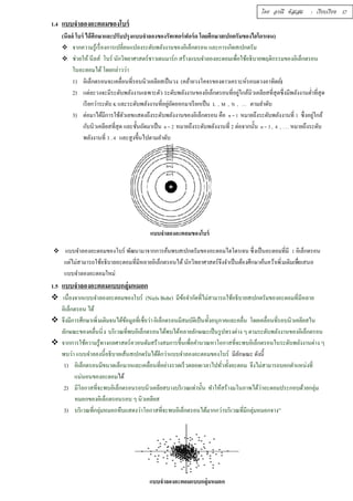 1.4 แบบจำลองอะตอมของโบร์ 
(นีลล์ โบร์ ได้ศึกษาและปรับปรุงแบบจำลองของรัทเทอร์ฟอร์ด โดยศึกษาสเปกตรัมของไฮโดรเจน) 
 จากความรู้เรืÉองการเปลีÉยนแปลงระดับพลังงานของอิเล็กตรอน และการเกิดสเปกตรัม 
 ช่วยให้ นีลส์ โบร์ นักวิทยาศาสตร์ชาวเดนมาร์ก สร้างแบบจำลองอะตอมเพืÉอใช้อธิบายพฤติกรรมของอิเล็กตรอน 
ในอะตอมได้ โดยกล่าวว่า 
1) อิเล็กตรอนจะเคลืÉอนทีÉรอบนิวเคลียสเป็นวง (คล้ายวงโคจรของดาวเคราะห์รอบดวงอาทิตย์) 
2) แต่ละวงจะมีระดับพลังงานเฉพาะตัว ระดับพลังงานของอิเล็กตรอนทีÉอยใู่กล้นิวเคลียสทÉีสุดซึÉงมีพลังงานตํÉาทÉีสุด 
เรียกว่าระดับ K และระดับพลังงานทÉีอยถูั่ดออกมาเรียกเป็น L , M , N , … ตามลำดับ 
3) ต่อมาได้มีการใช้ตัวเลขแสดงถึงระดับพลังงานของอิเล็กตรอน คือ n = 1 หมายถึงระดับพลังงานทÉี ř ซึÉงอยใู่กล้ 
กับนิวเคลียสทÉีสุด และชัÊนถัดมาเป็น n = 2 หมายถึงระดับพลังงานทÉี Ś ต่อจากนัÊน n = 3 , 4 , . . . หมายถึงระดับ 
พลังงานทÉี ś , Ŝ และสูงขึÊนไปตามลำดับ 
แบบจำลองอะตอมของโบร์ 
 แบบจำลองอะตอมของโบร์ พัฒนามาจากการค้นพบสเปกตรัมของอะตอมไฮโดรเจน ซึÉงเป็นอะตอมทÉีมี ř อิเล็กตรอน 
แต่ไม่สามารถใช้อธิบายอะตอมทีÉมีหลายอิเล็กตรอนได้ นักวิทยาศาสตร์จึงจำเป็นต้องศึกษาค้นคว้าเพิÉมเติมเพืÉอเสนอ 
แบบจำลองอะตอมใหม่ 
1.5 แบบจำลองอะตอมแบบกลุ่มหมอก 
 เนืÉองจากแบบจำลองอะตอมของโบร์ (Niels Bohr) มีข้อจำกัดทีÉไม่สามารถใช้อธิบายสเปกตรัมของอะตอมทีÉมีหลาย 
อิเล็กตรอน ได้ 
 จึงมีการศึกษาเพิÉมเติมจนได้ข้อมูลทÉีเชÉือว่า อิเล็กตรอนมีสมบัติเป็นทัÊงอนุภาคและคลÉืน โดยเคลÉือนทÉีรอบนิวเคลียสใน 
ลักษณะของคลืÉนนิÉง บริเวณทีÉพบอิเล็กตรอนได้พบได้หลายลักษณะเป็นรูปทรงต่าง ๆ ตามระดับพลังงานของอิเล็กตรอน 
 จากการใช้ความรู้ทางกลศาสตร์ควอนตัมสร้างสมการขึÊนเพÉือคำนวณหาโอกาสทÉีจะพบอิเล็กตรอนในระดับพลังงานต่าง ๆ 
พบว่า แบบจำลองนีÊอธิบายเส้นสเปกตรัมได้ดีกว่าแบบจำลองอะตอมของโบร์ มีลักษณะ ดังนีÊ 
1) อิเล็กตรอนมีขนาดเล็กมากและเคลÉือนทÉีอย่างรวดเร็วตลอดเวลาไปทัวÉทัÊงอะตอม จึงไม่สามารถบอกตำแหน่งทÉี 
แน่นอนของอะตอมได้ 
2) มีโอกาสทÉีจะพบอิเล็กตรอนรอบนิวเคลียสบางบริเวณเท่านัÊน ทำให้สร้างมโนภาพได้ว่าอะตอมประกอบด้วยกลุ่ม 
หมอกของอิเล็กตรอนรอบ ๆ นิวเคลียส 
3) บริเวณทีÉกลุ่มหมอกทึบแสดงว่าโอกาสทีÉจะพบอิเล็กตรอนได้มากกว่าบริเวณทีÉมีกลุ่มหมอกจาง” 
แบบจำลองอะตอมแบบกลุ่มหมอก 
โดย อรณี หัสเสม : เรียบเรียง 17 
 