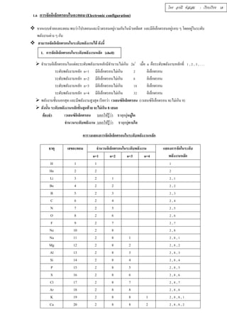 โดย อรณี หัสเสม : เรียบเรียง 18 
1.6 การจัดอิเล็กตรอนในอะตอม (Electronic configuration) 
 จากแบบจำลองอะตอม พบว่าโปรตอนและนิวตรอนอยู่รวมกันในนิวเคลียส และมีอิเล็กตรอนอยู่รอบ ๆ โดยอยู่ในระดับ 
พลังงานต่าง ๆ กัน 
 สามารถจัดอิเล็กตรอนในระดับพลังงานได้ ดังนีÊ 
1. การจัดอิเล็กตรอนในระดับพลังงานหลัก (shell) 
 จำนวนอิเล็กตรอนในแต่ละระดับพลังงานหลักมีจำนวนไม่เกิน 2n2 เมืÉอ n คือระดับพลังงานหลักทีÉ ř , Ś , ś , . . . 
ระดับพลังงานหลัก n=1 มีอิเล็กตรอนไม่เกิน Ś อิเล็กตรอน 
ระดับพลังงานหลัก n=2 มีอิเล็กตรอนไม่เกิน Š อิเล็กตรอน 
ระดับพลังงานหลัก n=3 มีอิเล็กตรอนไม่เกิน řŠ อิเล็กตรอน 
ระดับพลังงานหลัก n=4 มีอิเล็กตรอนไม่เกิน śŚ อิเล็กตรอน 
 พลังงานชัÊนนอกสุด และมีพลังงานสูงสุด เรียกว่า เวเลนซ์อิเล็กตรอน (เวเลนซ์อิเล็กตรอน จะไม่เกิน 8) 
 ดังนัÊน ระดับพลังงานหลักชัÊนสุดท้าย จะไม่เกิน 8 เสมอ 
ต้องจำ เวเลนซ์อิเล็กตรอน บอกให้รู้ว่า ธาตุอยหู่มู่ใด 
จำนวนระดับพลังงาน บอกให้รู้ว่า ธาตุอยู่คาบใด 
ตารางแสดงการจัดอิเล็กตรอนในระดับพลังงานหลัก 
ธาตุ เลขอะตอม จำนวนอิเล็กตรอนในระดับพลังงาน แสดงการจัดในระดับ 
n=1 n=2 n=3 n=4 พลังงานหลัก 
H 1 1 ř 
He 2 2 Ś 
Li 3 2 1 Ś , ř 
Be 4 2 2 Ś , Ś 
B 5 2 3 Ś , ś 
C 6 2 4 Ś , Ŝ 
N 7 2 5 Ś , ŝ 
O 8 2 6 Ś , Ş 
F 9 2 7 Ś , ş 
Ne 10 2 8 Ś , Š 
Na 11 2 8 1 Ś , Š , ř 
Mg 12 2 8 2 Ś , Š , Ś 
Al 13 2 8 3 Ś , Š , ś 
Si 14 2 8 4 Ś , Š , Ŝ 
P 15 2 8 5 Ś , Š , ŝ 
S 16 2 8 6 Ś , Š , Ş 
Cl 17 2 8 7 Ś , Š , ş 
Ar 18 2 8 8 Ś , Š , Š 
K 19 2 8 8 1 Ś , Š , Š , ř 
Ca 20 2 8 8 2 Ś , Š , Š , Ś 
 