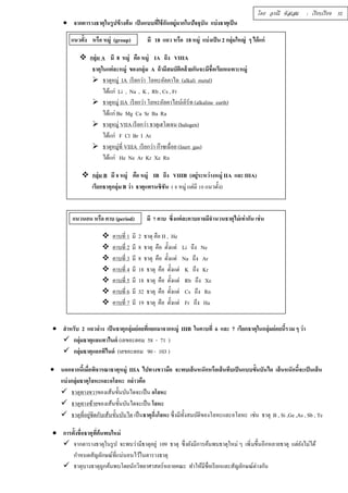  จากตารางธาตุในรูปข้างต้น เป็นแบบทÉีใช้กันอยู่มากในปัจจุบัน แบ่งธาตุเป็น 
โดย อรณี หัสเสม : เรียบเรียง 32 
แนวตัÊง หรือ หมู่ (group) มี 18 แถว หรือ 18 หมู่ แบ่งเป็น 2 กลุ่มใหญ่ ๆ ได้แก่ 
 กลุ่ม A มี 8 หมู่ คือ หมู่ IA ถึง VIIIA 
ธาตุในแต่ละหมู่ ของกลุ่ม A ถ้ามีสมบัติคล้ายกันจะมีชÉือเรียกเฉพาะหมู่ 
 ธาตุหมู่ IA เรียกว่า โลหะอัลคาไล (alkali metal) 
ได้แก่ Li , Na , K , Rb , Cs , Fr 
 ธาตุหมู่ IIA เรียกว่า โลหะอัลคาไลน์เอิร์ท (alkaline earth) 
ได้แก่ Be Mg Ca Sr Ba Ra 
 ธาตุหมู่ VIIA เรียกว่า ธาตุเฮโลเจน (halogen) 
ได้แก่ F Cl Br I At 
 ธาตุหมู่ทีÉ VIIIA เรียกว่า ก๊าซเฉืÉอย (Inert gas) 
ได้แก่ He Ne Ar Kr Xe Rn 
 กลุ่ม B มี Š หมู่ คือ หมู่ IB ถึง VIIIB (อยู่ระหว่างหมู่ IIA และ IIIA) 
เรียกธาตุกลุ่ม B ว่า ธาตุแทรนซิชัน ( Š หมู่ แต่มี řŘ แนวตัÊง) 
แนวนอน หรือ คาบ (period) มี ş คาบ ซึÉงแต่ละคาบอาจมีจำนวนธาตุไม่เท่ากัน เช่น 
 คาบทีÉ 1 มี 2 ธาตุ คือ H , He 
 คาบทÉี 2 มี 8 ธาตุ คือ ตัÊงแต่ Li ถึง Ne 
 คาบทÉี 3 มี 8 ธาตุ คือ ตัÊงแต่ Na ถึง Ar 
 คาบทÉี 4 มี 18 ธาตุ คือ ตัÊงแต่ K ถึง Kr 
 คาบทÉี 5 มี 18 ธาตุ คือ ตัÊงแต่ Rb ถึง Xe 
 คาบทÉี 6 มี 32 ธาตุ คือ ตัÊงแต่ Cs ถึง Rn 
 คาบทÉี 7 มี 19 ธาตุ คือ ตัÊงแต่ Fr ถึง Ha 
 สำหรับ 2 แถวล่าง เป็นธาตุกลุ่มย่อยทÉีแยกมาจากหมู่ IIIB ในคาบทÉี 6 และ 7 เรียกธาตุในกลุ่มย่อยนÊีรวม ๆ ว่า 
 กลุ่มธาตุแลนทาไนด์ (เลขอะตอม 58 - 71 ) 
 กลุ่มธาตุแอกทิไนด์ (เลขอะตอม 90 - 103 ) 
 นอกจากนÊีเมÉือพิจารณาธาตุหมู่ IIIA ไปทางขวามือ จะพบเส้นหนักหรือเส้นทึบเป็นแบบขัÊนบันได เส้นหนักนÊีจะเป็นเส้น 
แบ่งกลุ่มธาตุโลหะและอโลหะ กล่าวคือ 
 ธาตุทางขวาของเส้นขัÊนบันไดจะเป็น อโลหะ 
 ธาตุทางซ้ายของเส้นขัÊนบันไดจะเป็น โลหะ 
 ธาตุทÉีอยชูิ่ดกับเส้นขัÊนบันได เป็นธาตุกÉึงโลหะ ซึÉงมีทัÊงสมบัติของโลหะและอโลหะ เช่น ธาตุ B , Si ,Ge ,As , Sb , Te 
 การตัÊงชÉือธาตุทÉีค้นพบใหม่ 
 จากตารางธาตุในรูป จะพบว่ามีธาตุอยู่ 109 ธาตุ ซึÉงยังมีการค้นพบธาตุใหม่ ๆ เพิÉมขึÊนอีกหลายธาตุ แต่ยังไม่ได้ 
กำหนดสัญลักษณ์ทÉีแน่นอนไว้ในตารางธาตุ 
 ธาตุบางธาตุถูกค้นพบโดยนักวิทยาศาสตร์หลายคณะ ทำให้มีชÉือเรียกและสัญลักษณ์ต่างกัน 
 