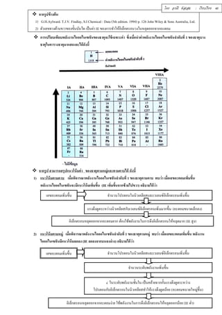 โดย อรณี หัสเสม : เรียบเรียง 40 
 จากรูปข้างต้น 
1) G.H.Aylward. T.J.V. Findlay, S.I Chemical : Data (5th edition. 1994) p. 126 John Wiley & Sons Australia, Ltd. 
2) ตัวเลขทางด้านขวาของขัÊนบันได เป็นค่า IE ของการทำให้อิเล็กตรอนวงในหลุดออกจากอะตอม 
 การเปรียบเทียบพลังงานไอออไนเซชันของธาตุจะใช้เฉพาะค่า ซึÉงเมืÉอนำค่าพลังงานไอออไนเซชันลำดับทีÉ 1 ของธาตุบาง 
ธาตุในตารางธาตุมาแสดงจะได้ดังนีÊ 
 จากรูป สามารถสรุปแนวโน้มค่า ของธาตุตามหมู่และตามคาบได้ ดังนÊี 
1) แนวโน้มตามคาบ เมืÉอพิจารณาพลังงานไอออไนเซชันลำดับทีÉ 1 ของธาตุตามคาบ พบว่า เมืÉอเลขอะตอมเพิÉมขึÊน 
พลังงานไอออไนเซชันจะมีแนวโน้มเพิÉมขึÊน (IE เพิÉมขึÊนจากซ้ายไปขวา) อธิบายได้ว่า 
เลขอะตอมเพิÉมขึÊน จำนวนโปรตอนในนิวเคลียสและเวเลนซ์อิเล็กตรอนเพิÉมขึÊน 
แรงดึงดูดระหว่างนิวเคลียสกับเวเลนซ์อิเล็กตรอนเพิÉมมากขึÊน (อะตอมขนาดเล็กลง) 
อิเล็กตรอนหลุดออกจากอะตอมยาก ต้องใช้พลังงานในการดึงอิเล็กตรอนให้หลุดมาก (IE สูง) 
2) แนวโน้มตามหมู่ เมÉือพิจารณาพลังงานไอออไนเซชันลำดับทÉี 1 ของธาตุตามหมู่ พบว่า เมÉือเลขอะตอมเพÉิมขÊึน พลังงาน 
ไอออไนเซชันมีแนวโน้มลดลง (IE ลดลงจากบนลงล่าง) อธิบายได้ว่า 
เลขอะตอมเพิÉมขึÊน จำนวนโปรตอนในนิวเคลียสและเวเลนซ์อิเล็กตรอนเพิÉมขึÊน 
จำนวนระดับพลังงานเพิÉมขึÊน 
e- ในระดับพลังงานชัÊนใน เป็นคล้ายฉากกัÊนแรงดึงดูดระหว่าง 
โปรตอนกับอิเล็กตรอนในนิวเคลียสทำให้แรงดึงดูดน้อย (อะตอมขนาดใหญ่ขึÊน) 
อิเล็กตรอนหลุดออกจากอะตอมง่าย ใช้พลังงานในการดึงอิเล็กตรอนให้หลุดออกน้อย (IE ตํÉา) 
 