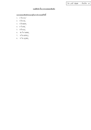 แบบฝึกหัด เรืÉอง การหาเลขออกซิเดชัน 
จงหาเลขออกซิเดชันของธาตุในสารประกอบต่อไปนีÊ 
1. C ใน C2O4 
2- 
2. S ใน CaS2 
3. S ใน BaSO3 
4. P ใน PH4 
+ 
5. O ใน O2F2 
6. Sb ใน NaSbO2 
7. N ใน Al(NO3)3 
8. P ใน K2HPO3 
โดย อรณี หัสเสม : เรียบเรียง 49 
