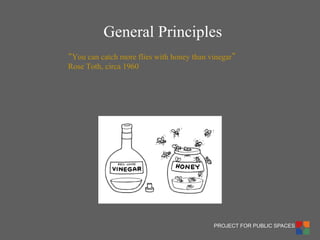 PROJECT FOR PUBLIC SPACES 
“You can catch more flies with honey than vinegar” Rose Toth, circa 1960 
General Principles  