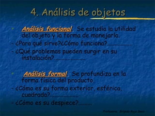 44.. AAnnáálliissiiss ddee oobbjjeettooss 
 AAnnáálliissiiss ffuunncciioonnaall.. Se estudia la utilidad 
del objeto y la forma de manejarlo. 
- ¿Para qué sirve?¿Cómo funciona?................. 
- ¿Qué problemas pueden surgir en su 
Profesora: Brígida Rojo Seco 
instalación?..................... 
 AAnnáálliissiiss ffoorrmmaall.. Se profundiza en la 
forma física del producto. 
- ¿Cómo es su forma exterior, esférica, 
cuadrada?................... 
- ¿Cómo es su despiece?......... 
 