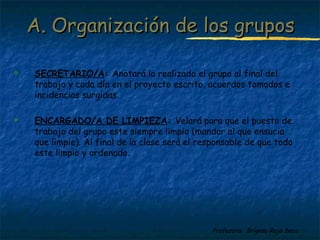 AA.. OOrrggaanniizzaacciióónn ddee llooss ggrruuppooss 
 SECRETARIO/A: Anotará lo realizado el grupo al final del 
trabajo y cada día en el proyecto escrito, acuerdos tomados e 
incidencias surgidas. 
 ENCARGADO/A DE LIMPIEZA: Velará para que el puesto de 
trabajo del grupo este siempre limpio (mandar al que ensucia 
que limpie). Al final de la clase será el responsable de que todo 
este limpio y ordenado. 
Profesora: Brígida Rojo Seco 
 