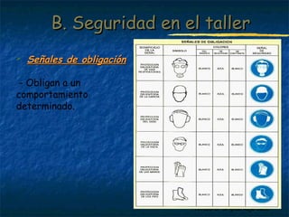 BB.. SSeegguurriiddaadd eenn eell ttaalllleerr 
Profesora: Brígida Rojo Seco 
 SSeeññaalleess ddee oobblliiggaacciióónn 
- Obligan a un 
comportamiento 
determinado. 
 