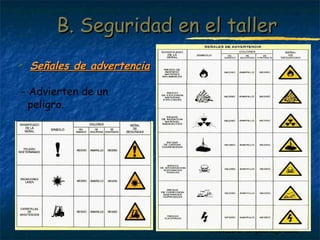 BB.. SSeegguurriiddaadd eenn eell ttaalllleerr 
Profesora: Brígida Rojo Seco 
 SSeeññaalleess ddee aaddvveerrtteenncciiaa 
- Advierten de un 
peligro. 
 