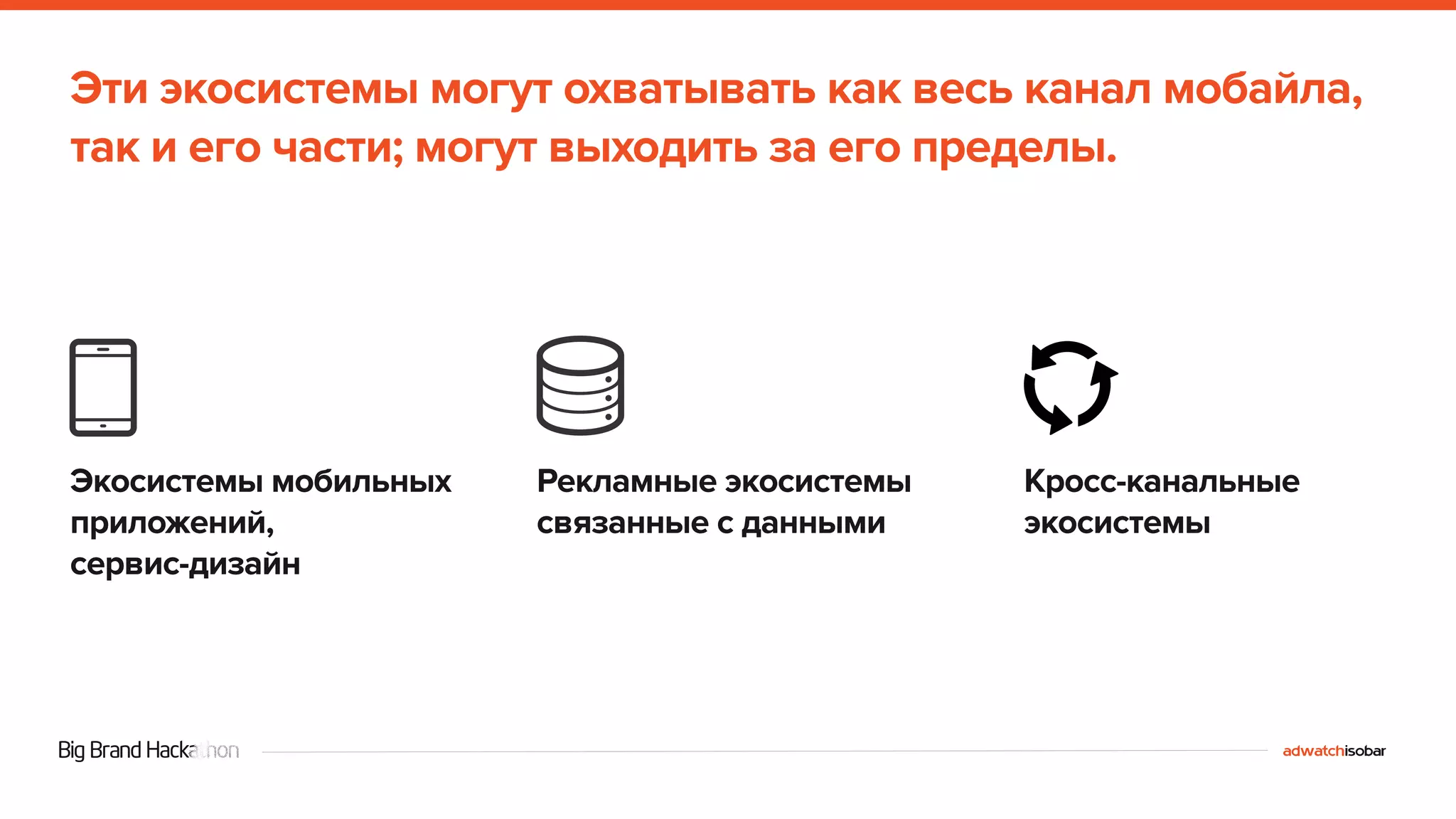 Эти экосистемы могут охватывать как весь канал мобайла, 
так и его части; могут выходить за его пределы. 
Экосистемы мобильных 
приложений, 
сервис-дизайн 
Рекламные экосистемы 
связанные с данными 
Кросс-канальные 
экосистемы 
 