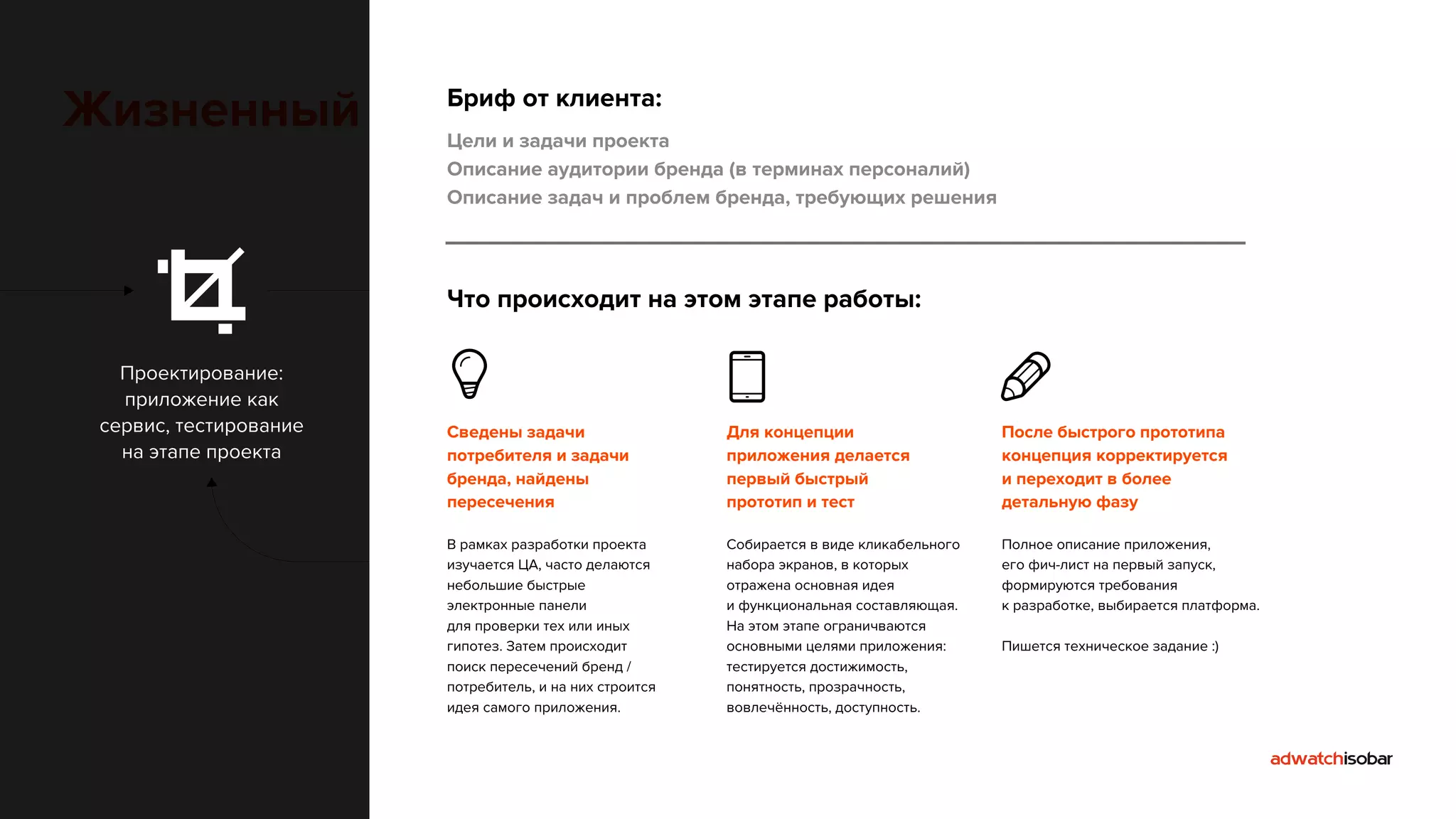 Жизненный цикл приложения 
Проектирование: 
приложение как 
сервис, тестирование 
на этапе проекта 
Бриф от клиента: 
Цели и задачи проекта 
Описание аудитории бренда (в терминах персоналий) 
Описание задач и проблем бренда, требующих решения 
Что происходит на этом этапе работы: 
Производство 
приложения 
(нативная разработка) 
Проектирование, 
улучшение, внутренний 
usability тест улучшений, 
передача в разработку 
Управление жизнью в сторе: 
работа с топами, отзывами, 
аудиторией приложения, 
и сбор обратной связи 
Вывод в сторы: 
продвижение, 
PR, SEO, другие 
инструменты 
Формирование и проверка 
гипотез по работе 
приложения с помощью 
опроса пользователей 
Сведены задачи 
потребителя и задачи 
бренда, найдены 
пересечения 
В рамках разработки проекта 
изучается ЦА, часто делаются 
небольшие быстрые 
электронные панели 
для проверки тех или иных 
гипотез. Затем происходит 
поиск пересечений бренд / 
потребитель, и на них строится 
идея самого приложения. 
Для концепции 
приложения делается 
первый быстрый 
прототип и тест 
Собирается в виде кликабельного 
набора экранов, в которых 
отражена основная идея 
и функциональная составляющая. 
На этом этапе ограничваются 
основными целями приложения: 
тестируется достижимость, 
понятность, прозрачность, 
вовлечённость, доступность. 
После быстрого прототипа 
концепция корректируется 
и переходит в более 
детальную фазу 
Полное описание приложения, 
его фич-лист на первый запуск, 
формируются требования 
к разработке, выбирается платформа. 
Пишется техническое задание :) 
 