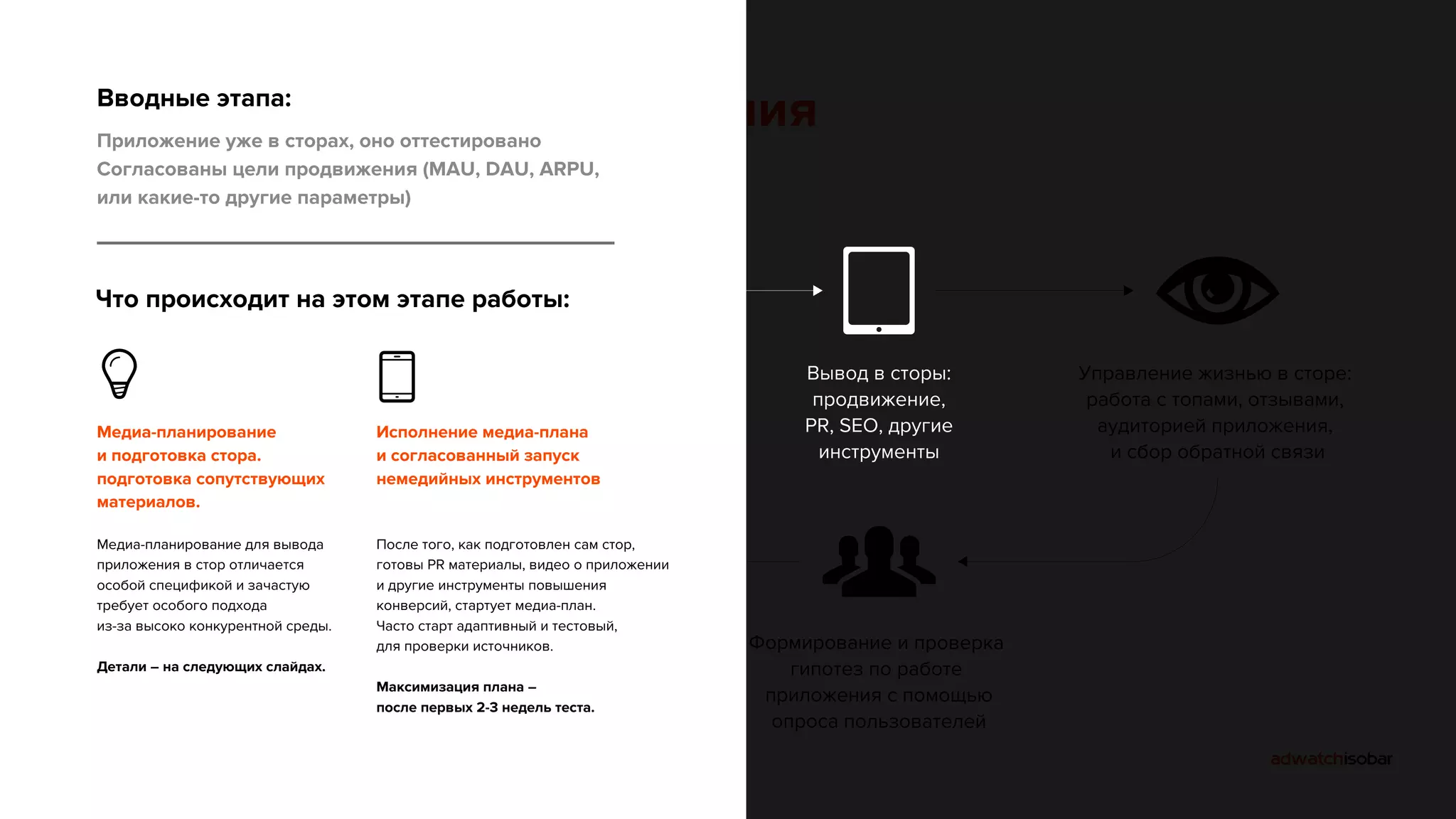 Жизненный цикл приложения 
Вводные этапа: 
Приложение уже в сторах, оно оттестировано 
Согласованы цели продвижения (MAU, DAU, ARPU, 
или какие-то другие параметры) 
Проектирование: 
приложение как 
сервис, тестирование 
на этапе проекта 
Производство 
приложения 
(нативная разработка) 
Проектирование, 
улучшение, внутренний 
usability тест улучшений, 
передача в разработку 
Управление жизнью в сторе: 
работа с топами, отзывами, 
аудиторией приложения, 
и сбор обратной связи 
Вывод в сторы: 
продвижение, 
PR, SEO, другие 
инструменты 
Формирование и проверка 
гипотез по работе 
приложения с помощью 
опроса пользователей 
Что происходит на этом этапе работы: 
Медиа-планирование 
и подготовка стора. 
подготовка сопутствующих 
материалов. 
Медиа-планирование для вывода 
приложения в стор отличается 
особой спецификой и зачастую 
требует особого подхода 
из-за высоко конкурентной среды. 
Детали – на следующих слайдах. 
Исполнение медиа-плана 
и согласованный запуск 
немедийных инструментов 
После того, как подготовлен сам стор, 
готовы PR материалы, видео о приложении 
и другие инструменты повышения 
конверсий, стартует медиа-план. 
Часто старт адаптивный и тестовый, 
для проверки источников. 
Максимизация плана – 
после первых 2-3 недель теста. 
 